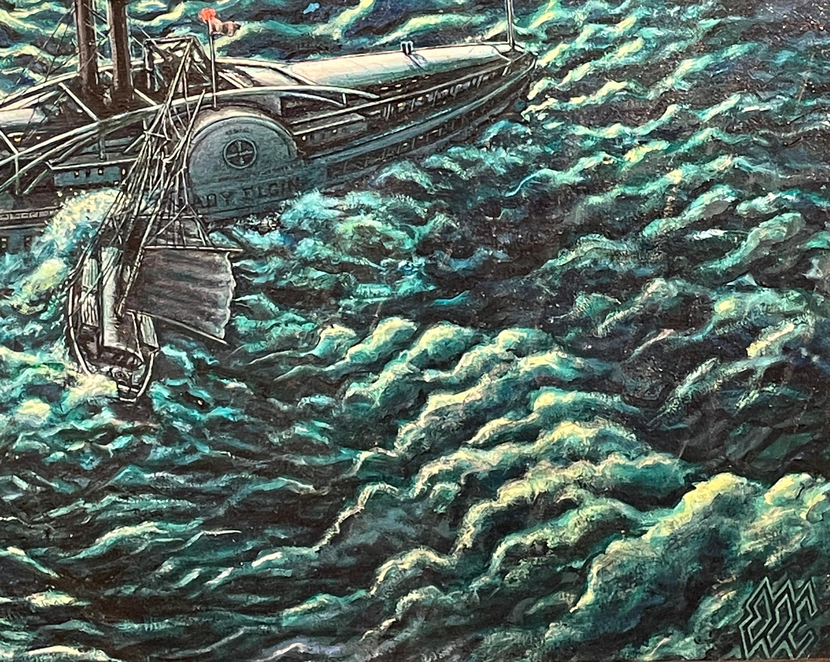 Last Voyage of the Lady Elgin – Detailliertes Gemälde einer historischen Schiffs disaster im Angebot 1