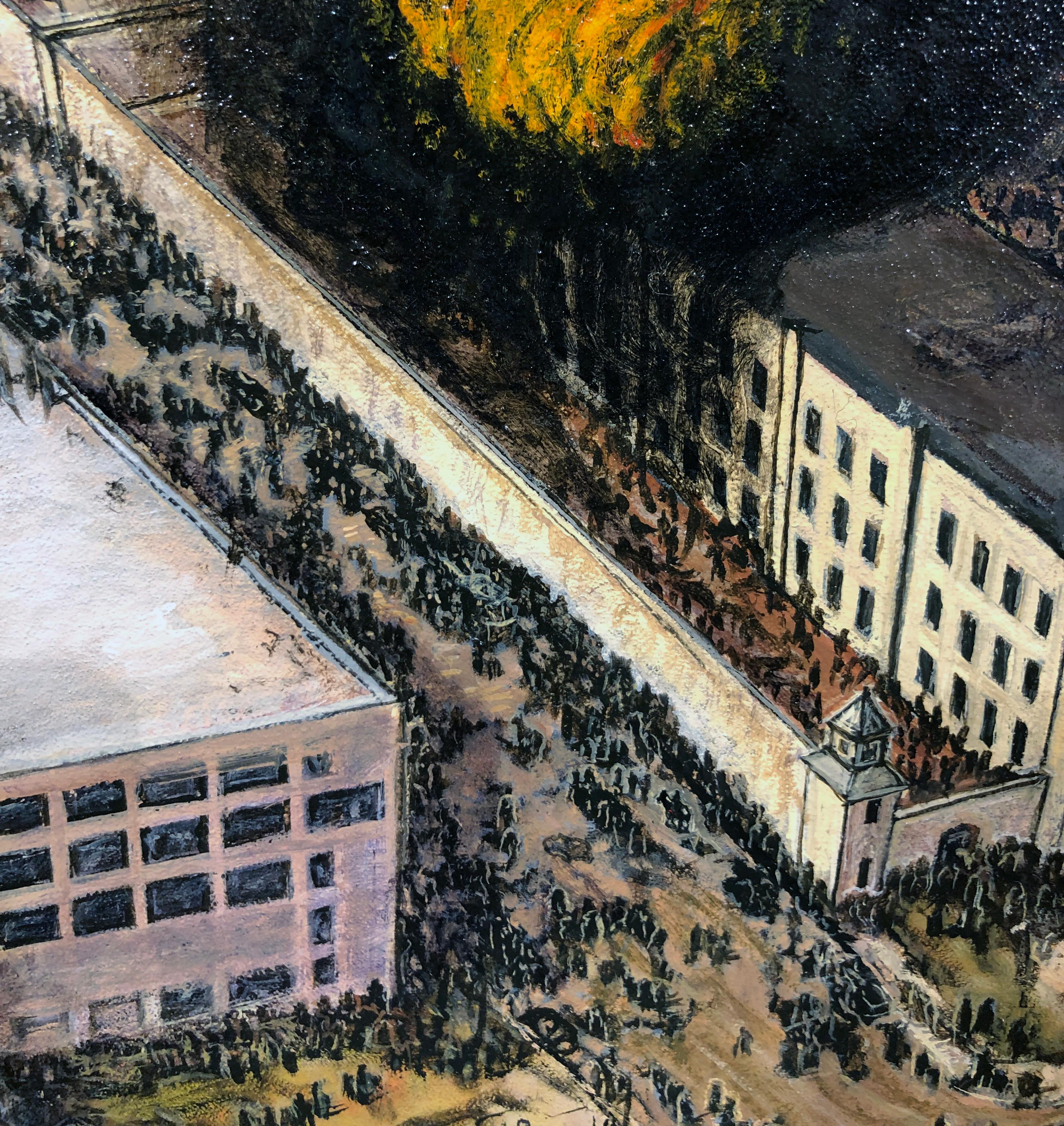 Ohio State Penitentiary Fire of 1930, Art of Disasters Series, Original Oil  - Brown Landscape Painting by Eric Edward Esper