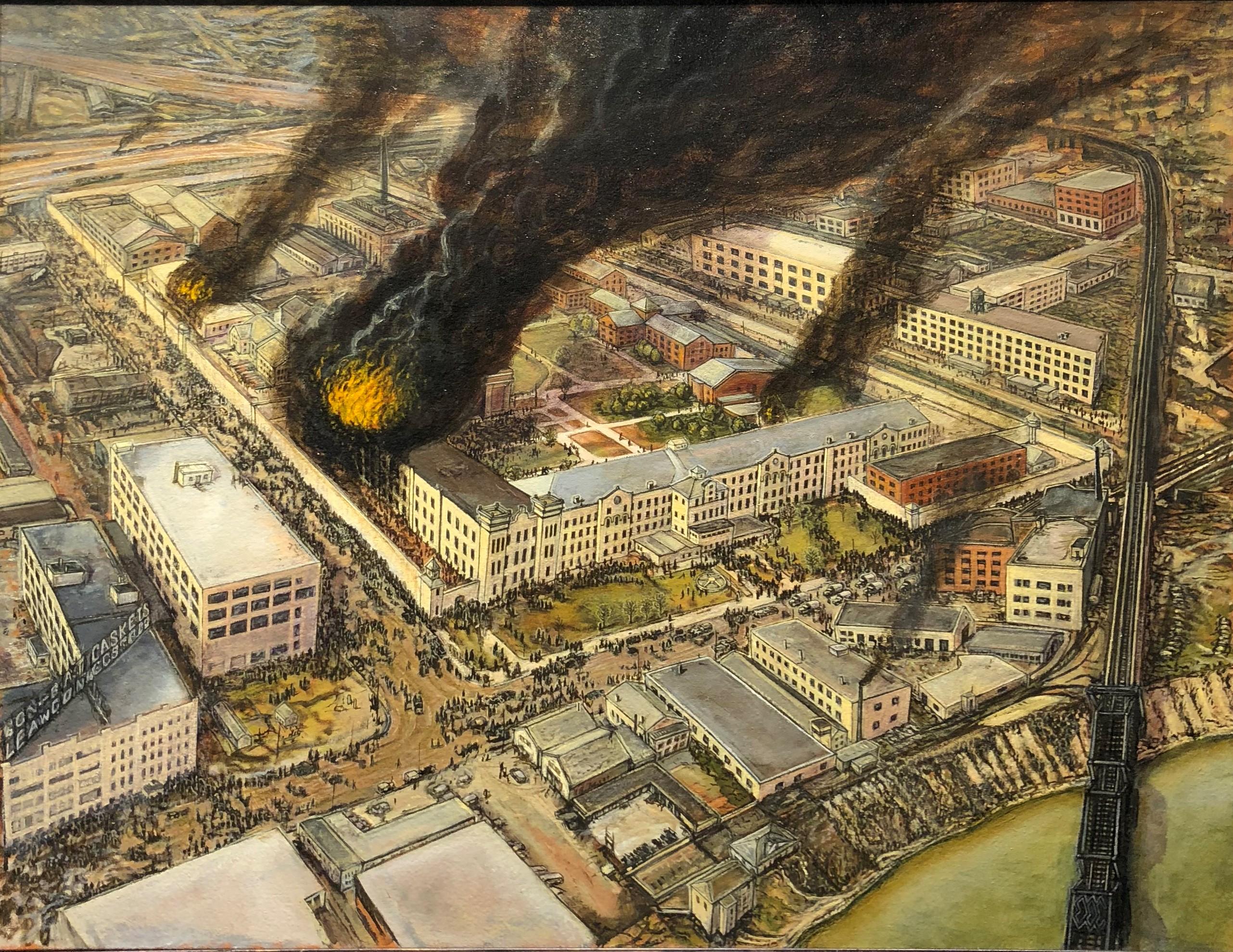 Eric Edward Esper Landscape Painting - Ohio State Penitentiary Fire of 1930, Art of Disasters Series, Original Oil 