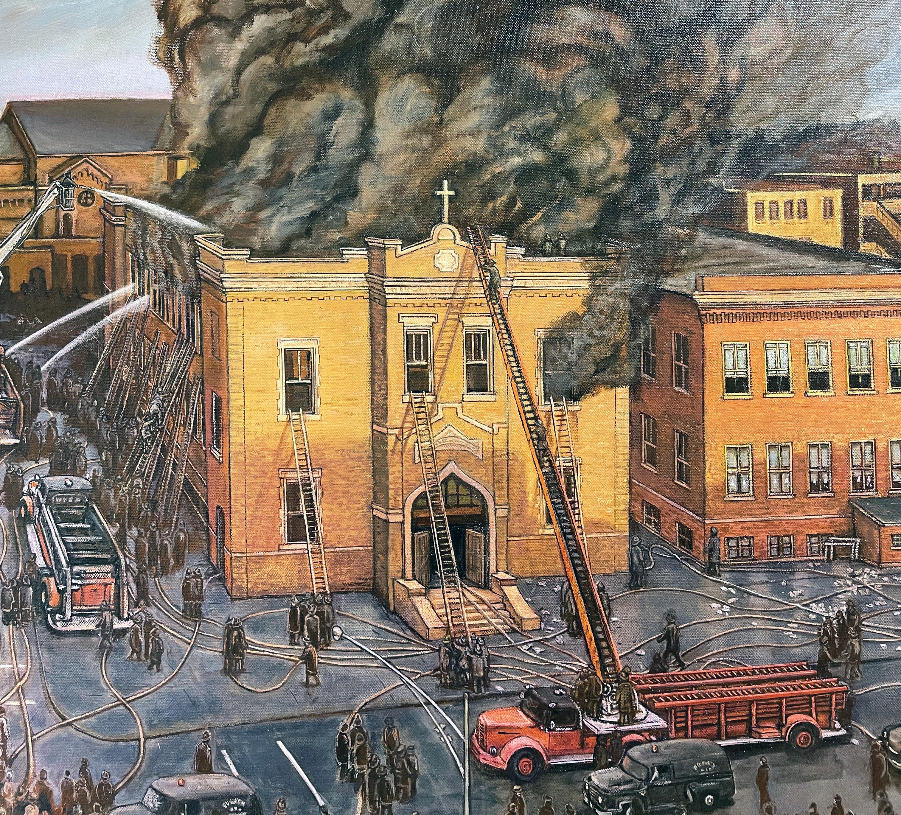 Our Children of Angels, 1958 School House Fire, Disaster Painting, Original Oil For Sale 2