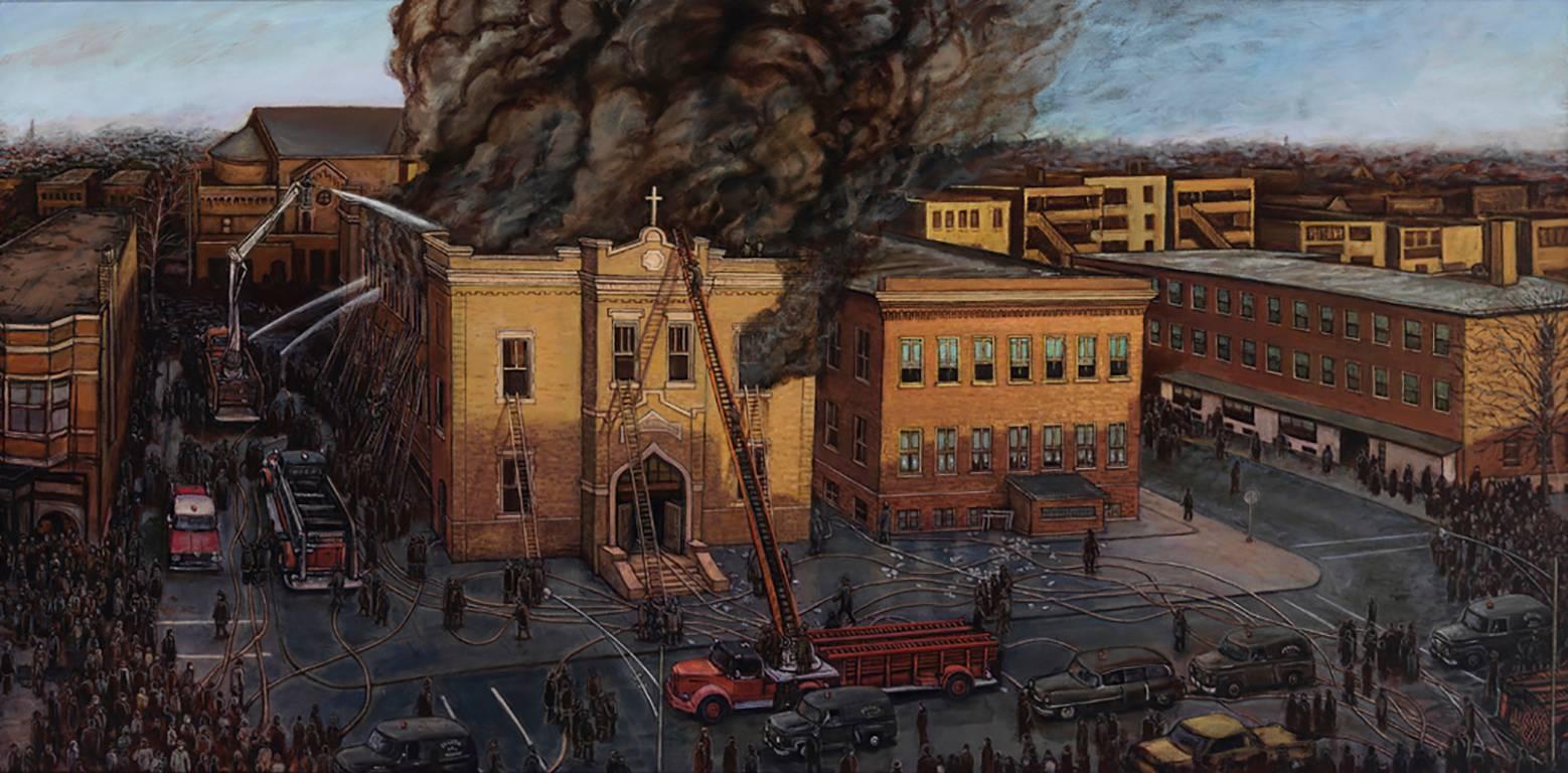 Eric Edward Esper Landscape Painting - Our Children of Angels, 1958 School House Fire, Disaster Painting, Original Oil