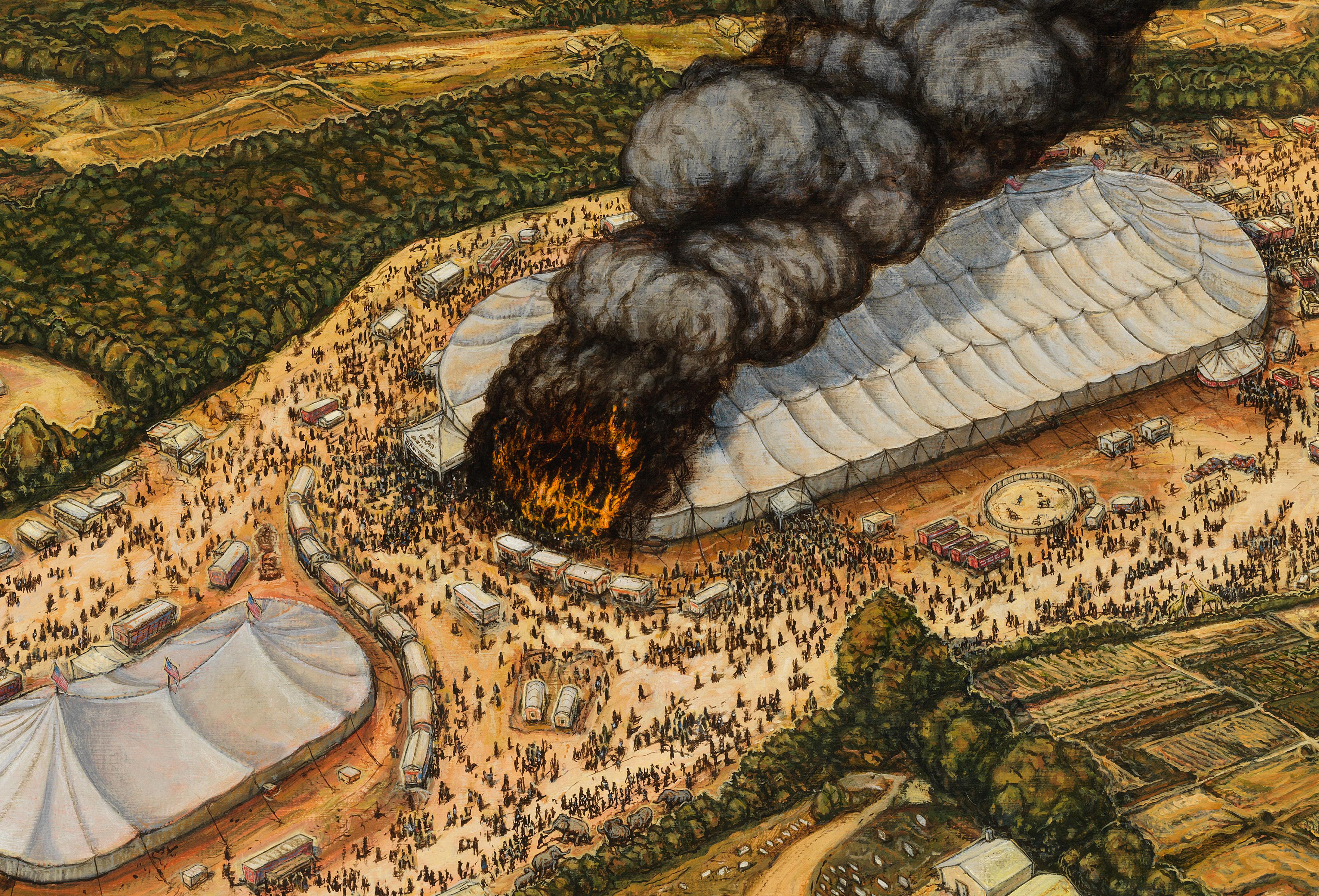 Incendio del circo Ringling Brothers Barnum & Bailey en 1944 - Desastre histórico - Painting Contemporáneo de Eric Edward Esper