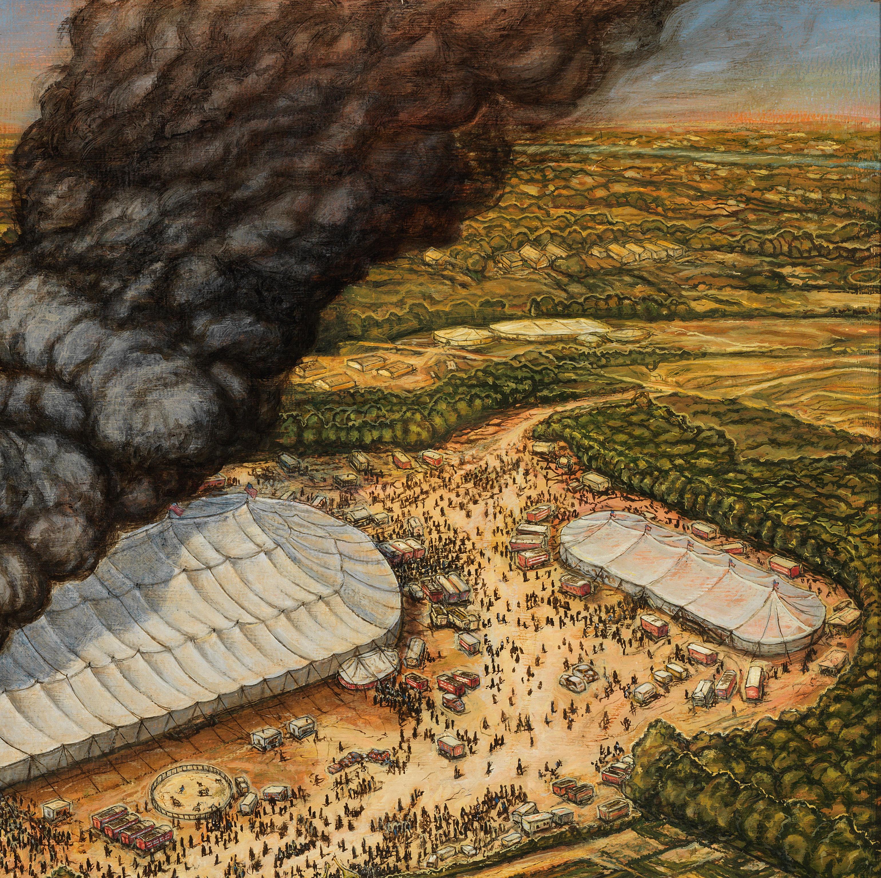 Incendio del circo Ringling Brothers Barnum & Bailey en 1944 - Desastre histórico - Landscape Painting Marrón de Eric Edward Esper