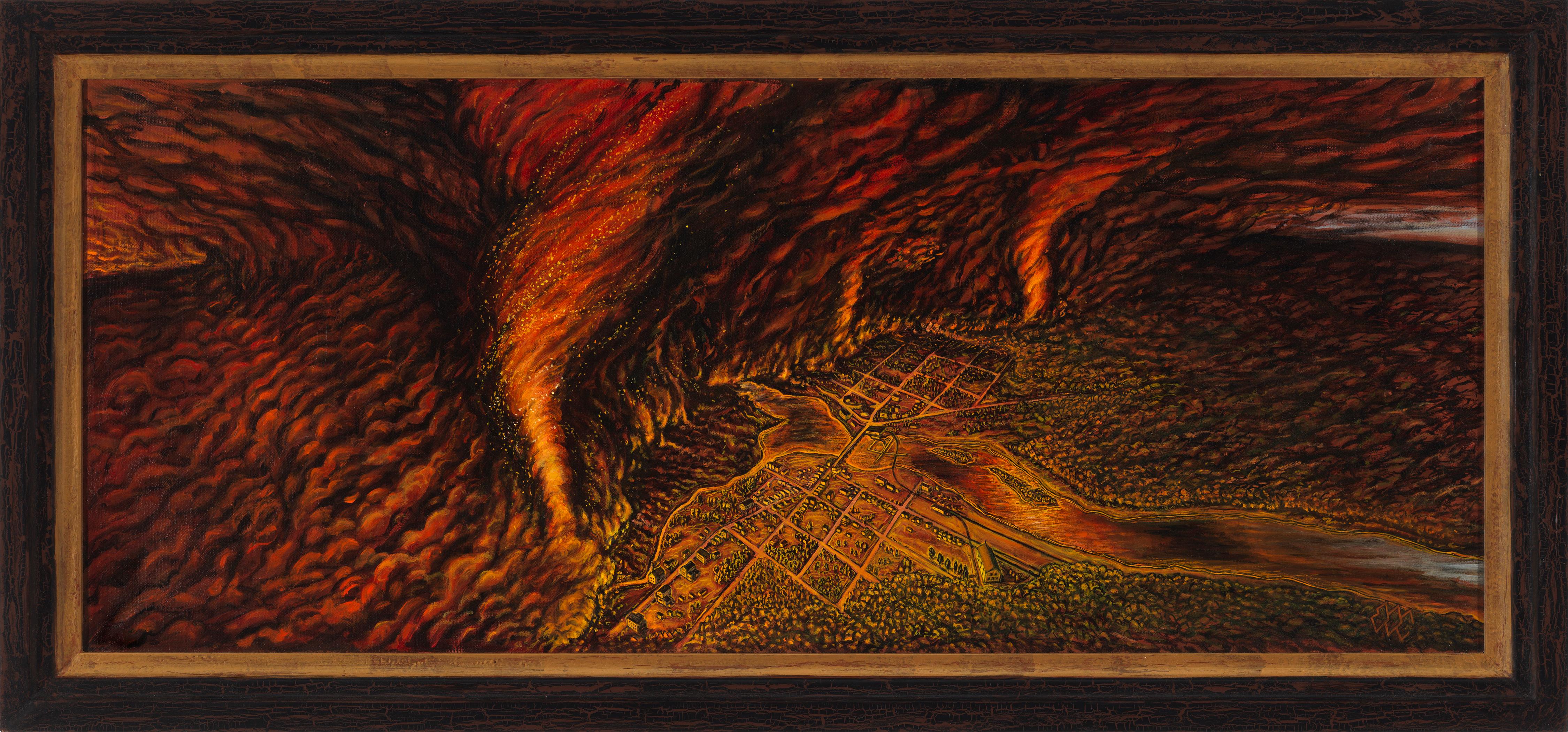 Eric Edward Esper Landscape Painting - Peshtigo Firestorm: Historical Oil Painting on Canvas, 40x16 Inches