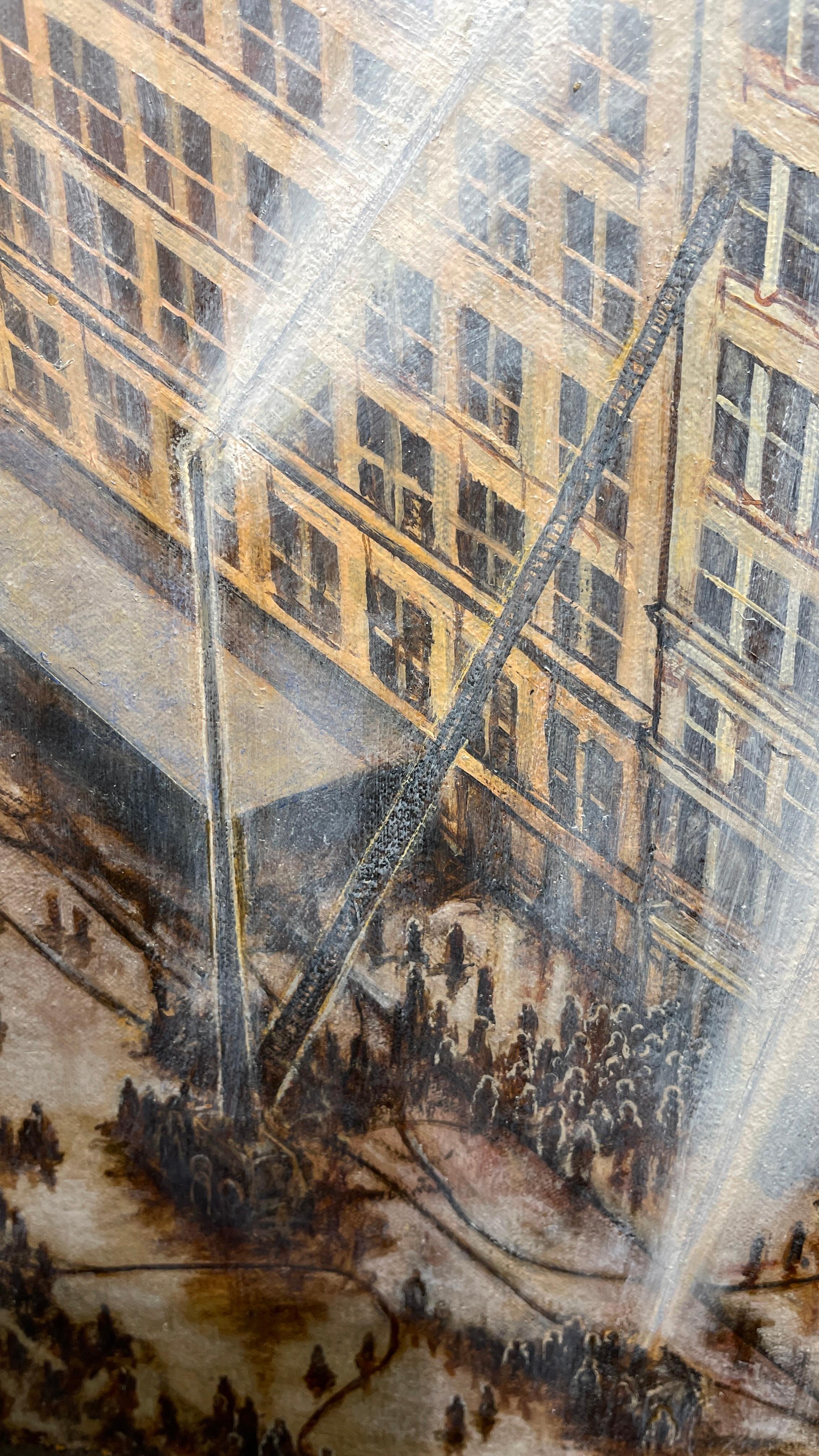 Le feu de l'usine du triangle à la cire de chemise du 24 mars 1911 - peinture à l'huile originale en vente 6