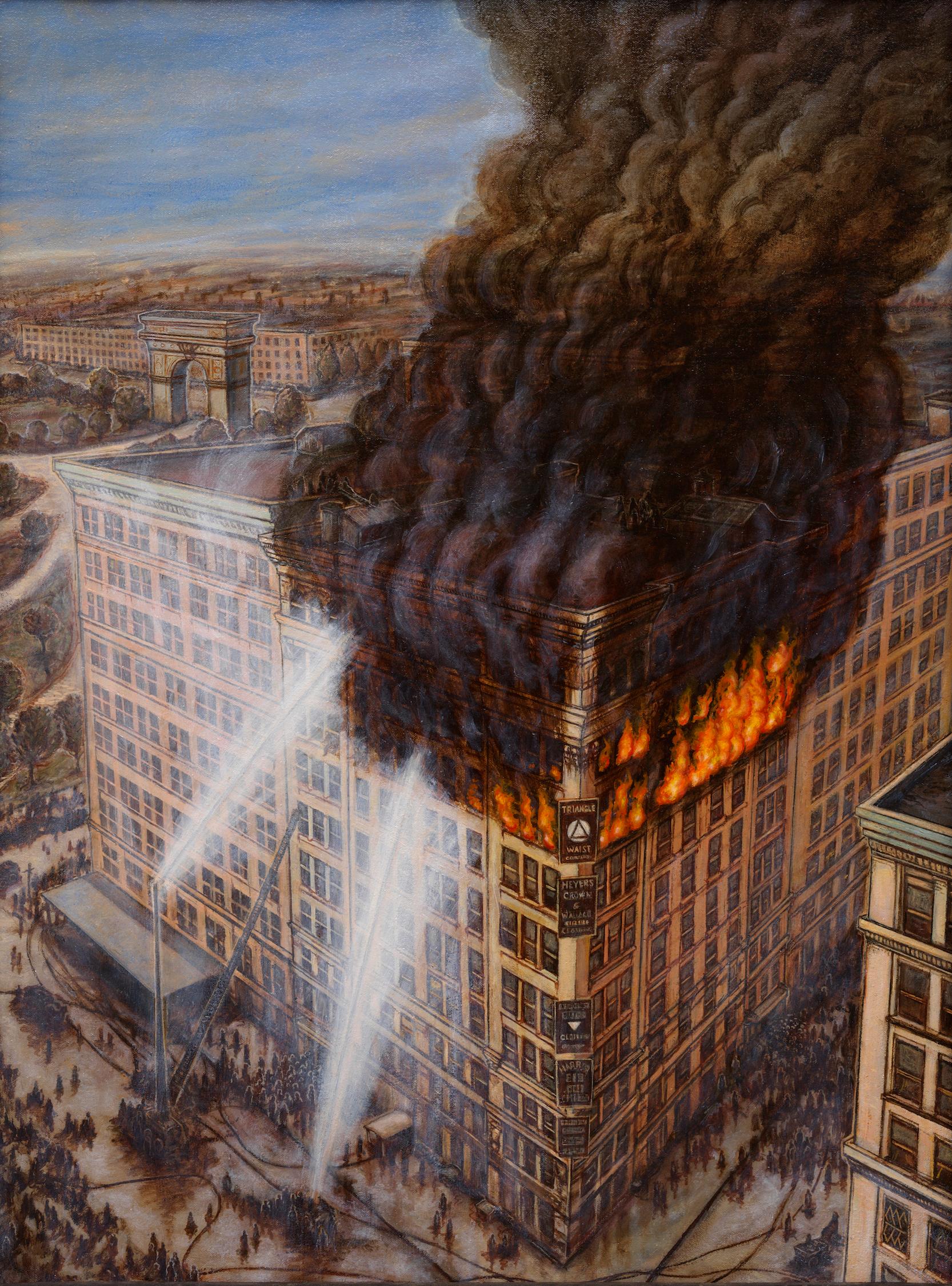 Le feu de l'usine du triangle à la cire de chemise du 24 mars 1911 - peinture à l'huile originale en vente 8