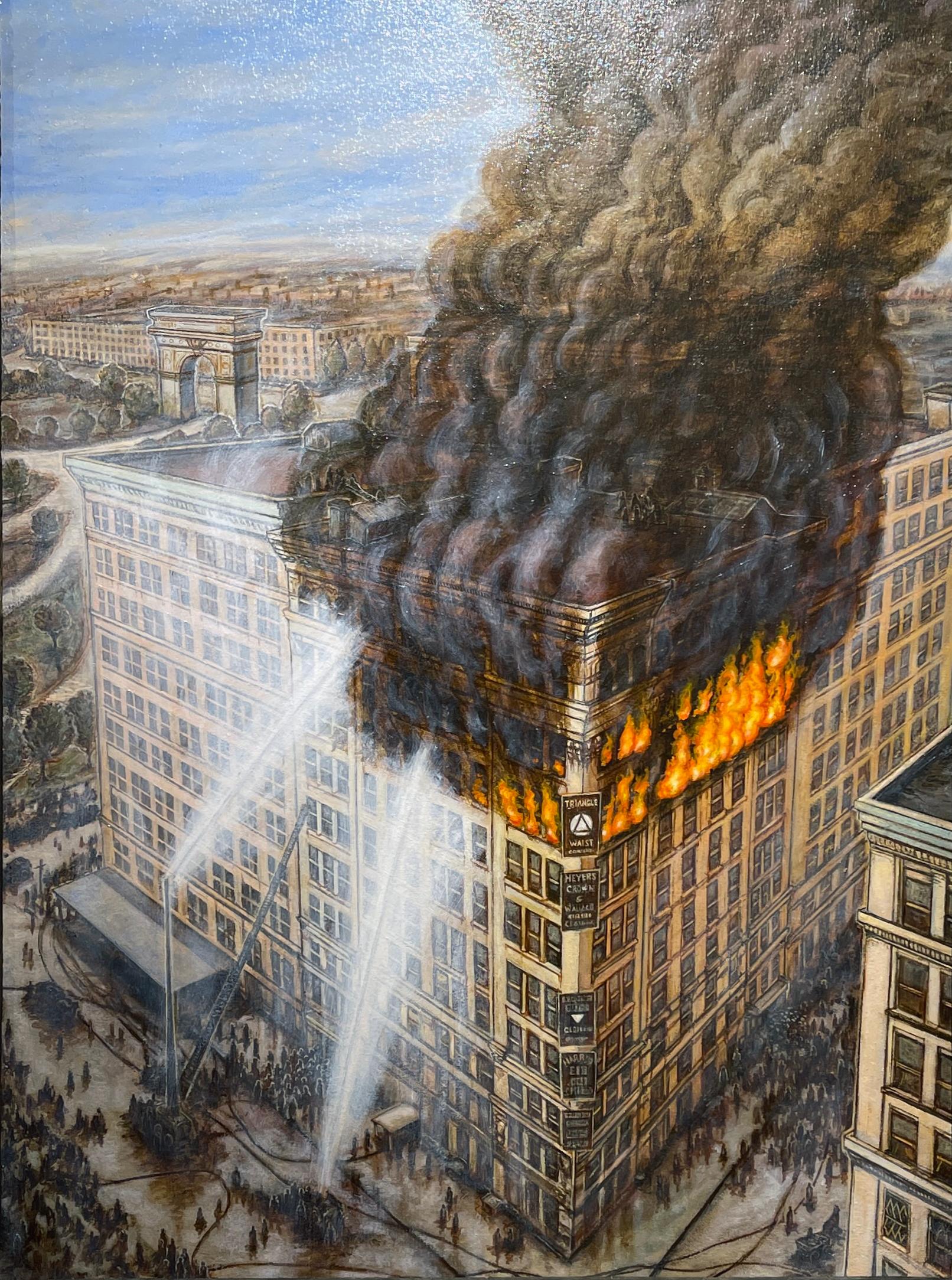 Le feu de l'usine du triangle à la cire de chemise du 24 mars 1911 - peinture à l'huile originale - Painting de Eric Edward Esper