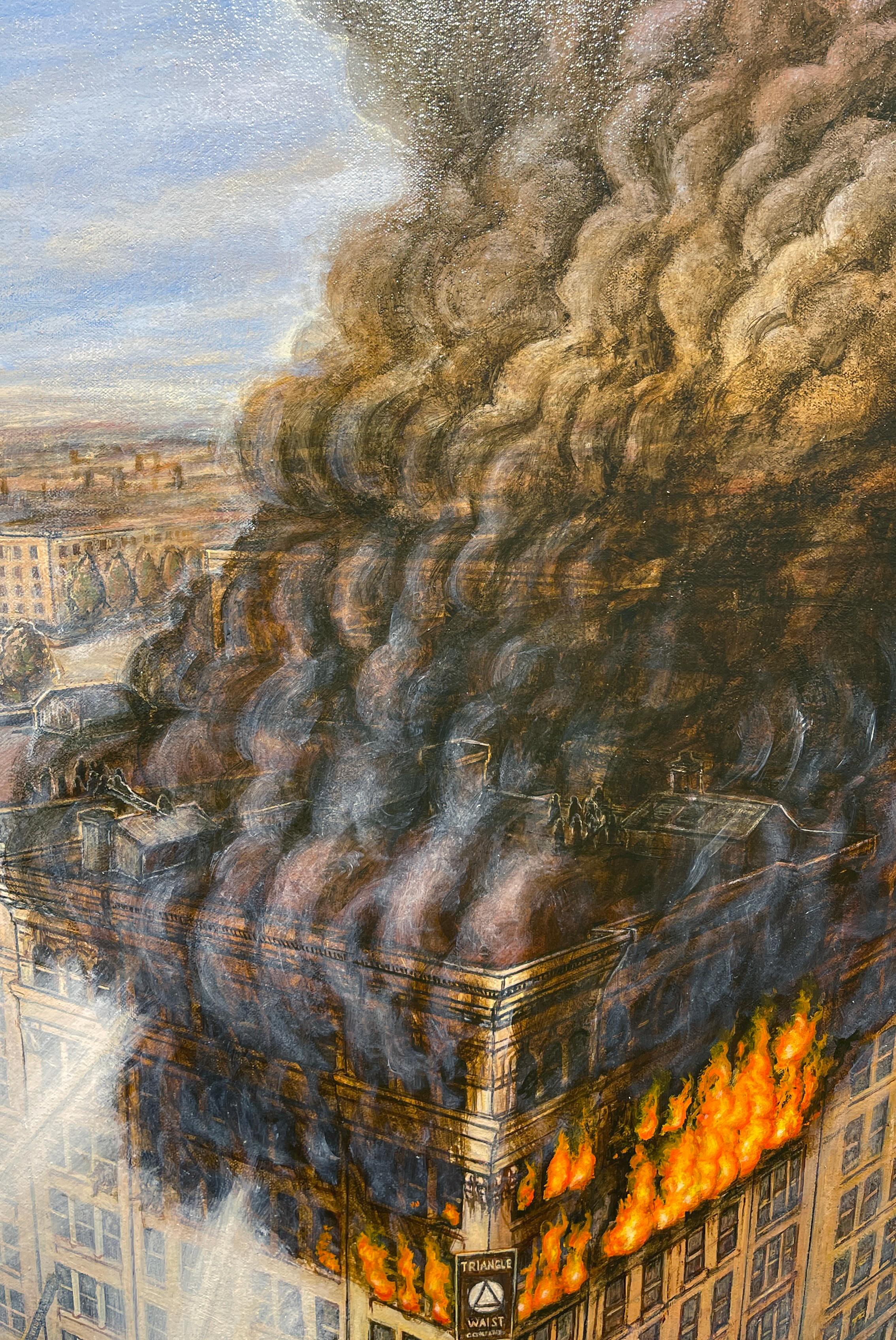 Le feu de l'usine du triangle à la cire de chemise du 24 mars 1911 - peinture à l'huile originale en vente 2