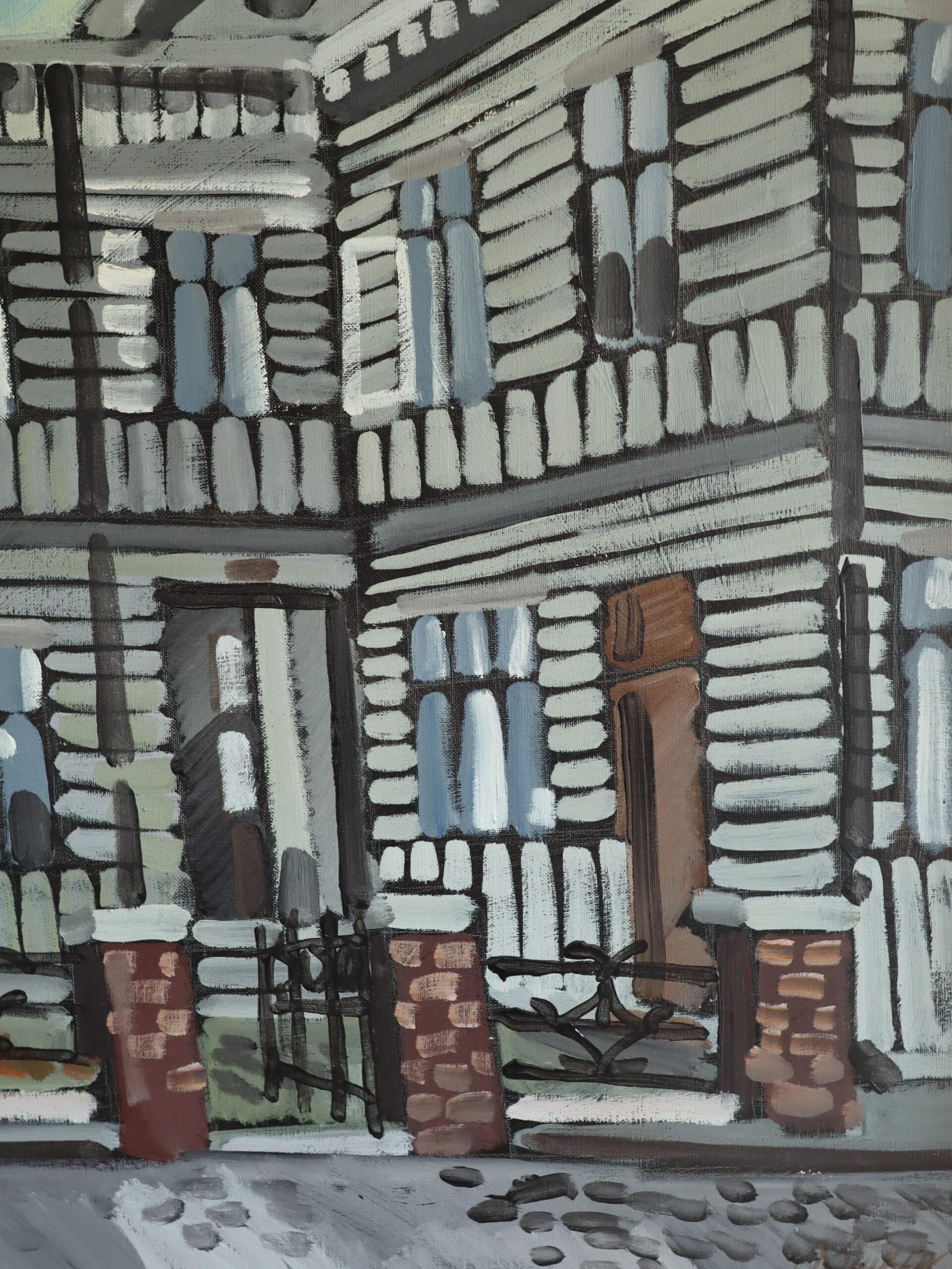 1974 Modernist Vintage Original Straßenszene Ölgemälde - Fassade im Fokus im Angebot 5
