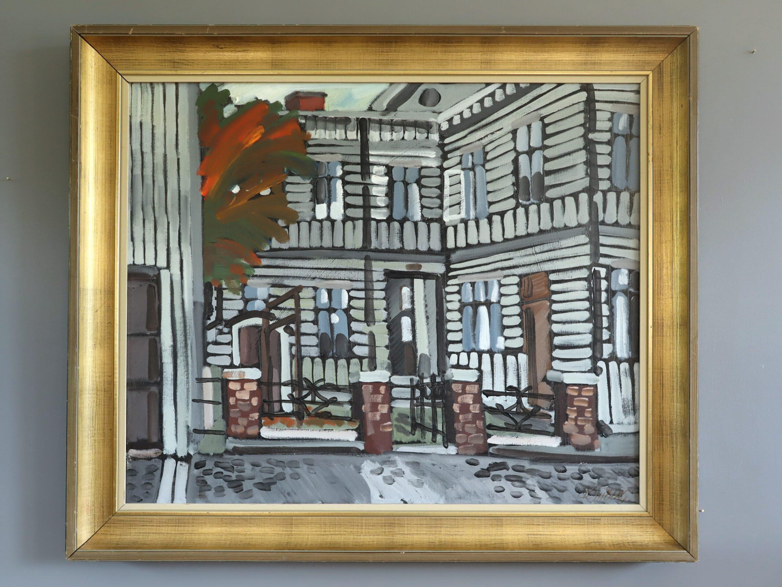 1974 Modernist Vintage Original Straßenszene Ölgemälde - Fassade im Fokus – Painting von Eric Elfvén