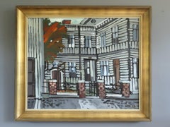 1974 Modernist Vintage Original Street Scene Oil Painting - Facade in Focus