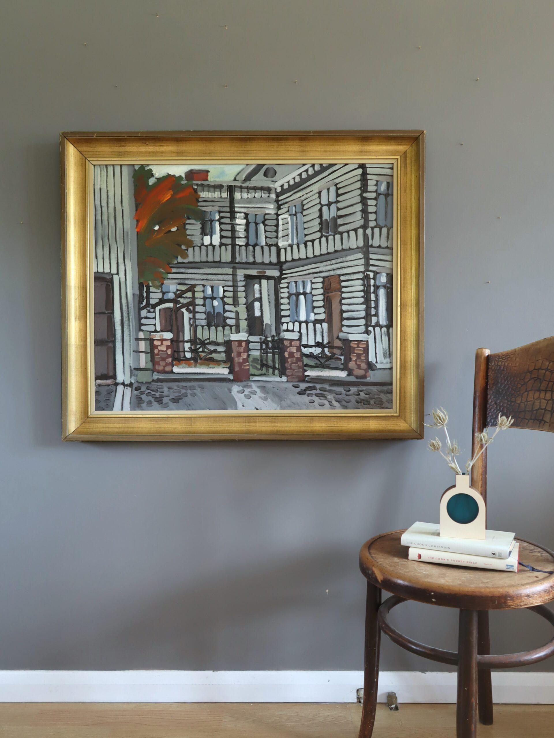 1974 Modernist Vintage Original Straßenszene Ölgemälde - Fassade im Fokus (Moderne), Painting, von Eric Elfvén