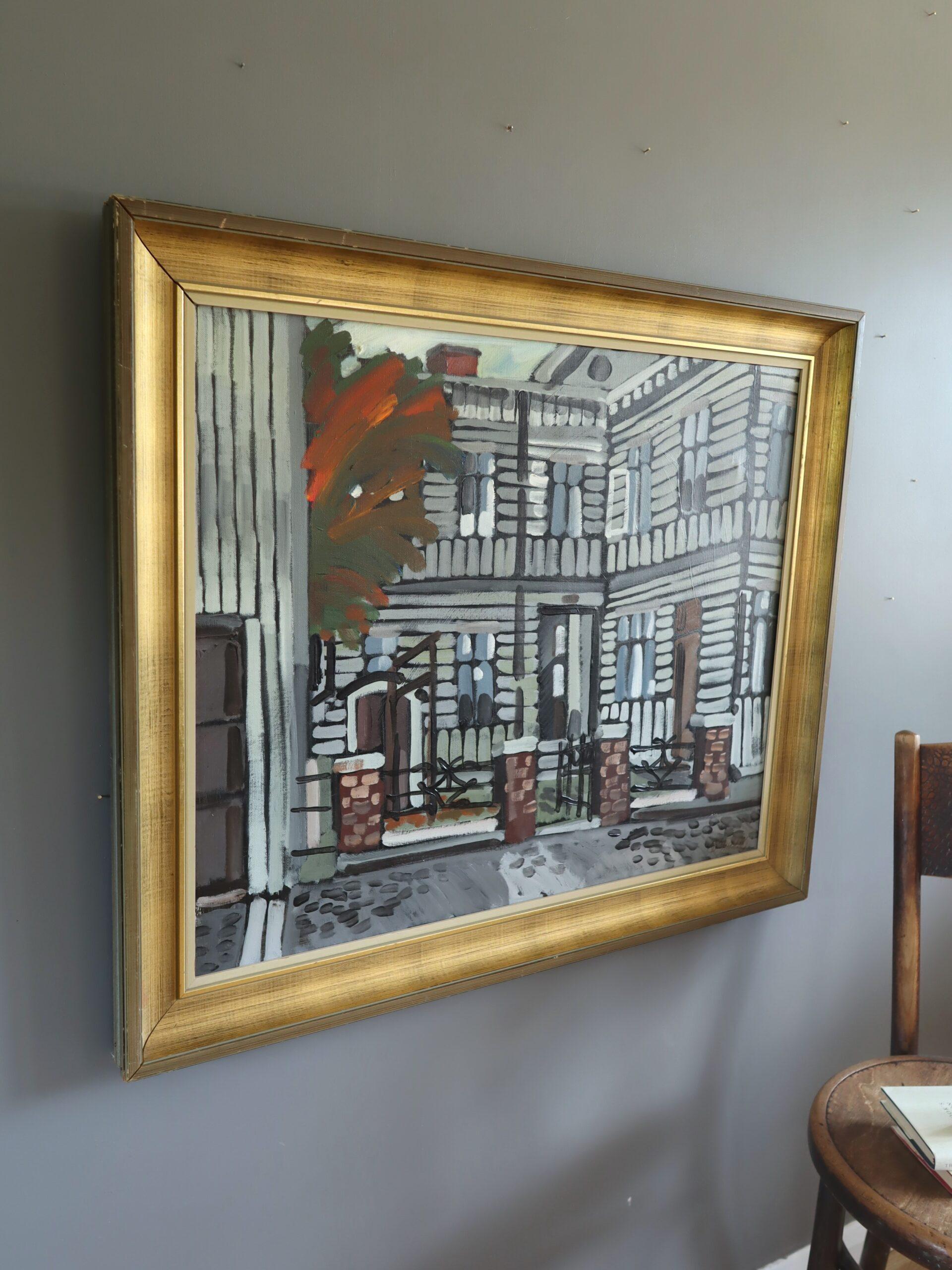 1974 Modernist Vintage Original Straßenszene Ölgemälde - Fassade im Fokus (Grau), Landscape Painting, von Eric Elfvén