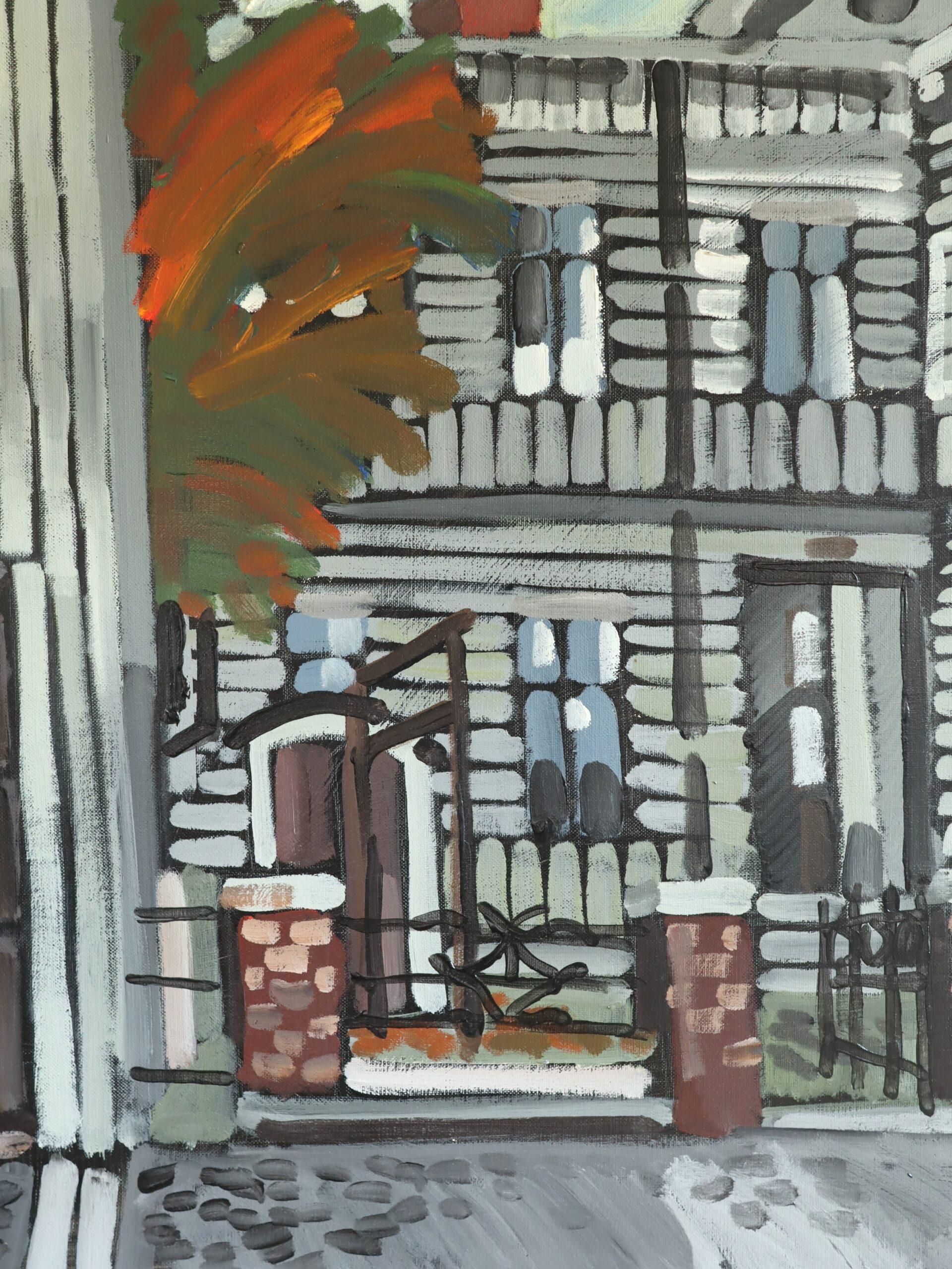 1974 Modernist Vintage Original Straßenszene Ölgemälde - Fassade im Fokus im Angebot 4