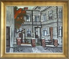 1974 Modernist Vintage Original Straßenszene Ölgemälde - Fassade im Fokus