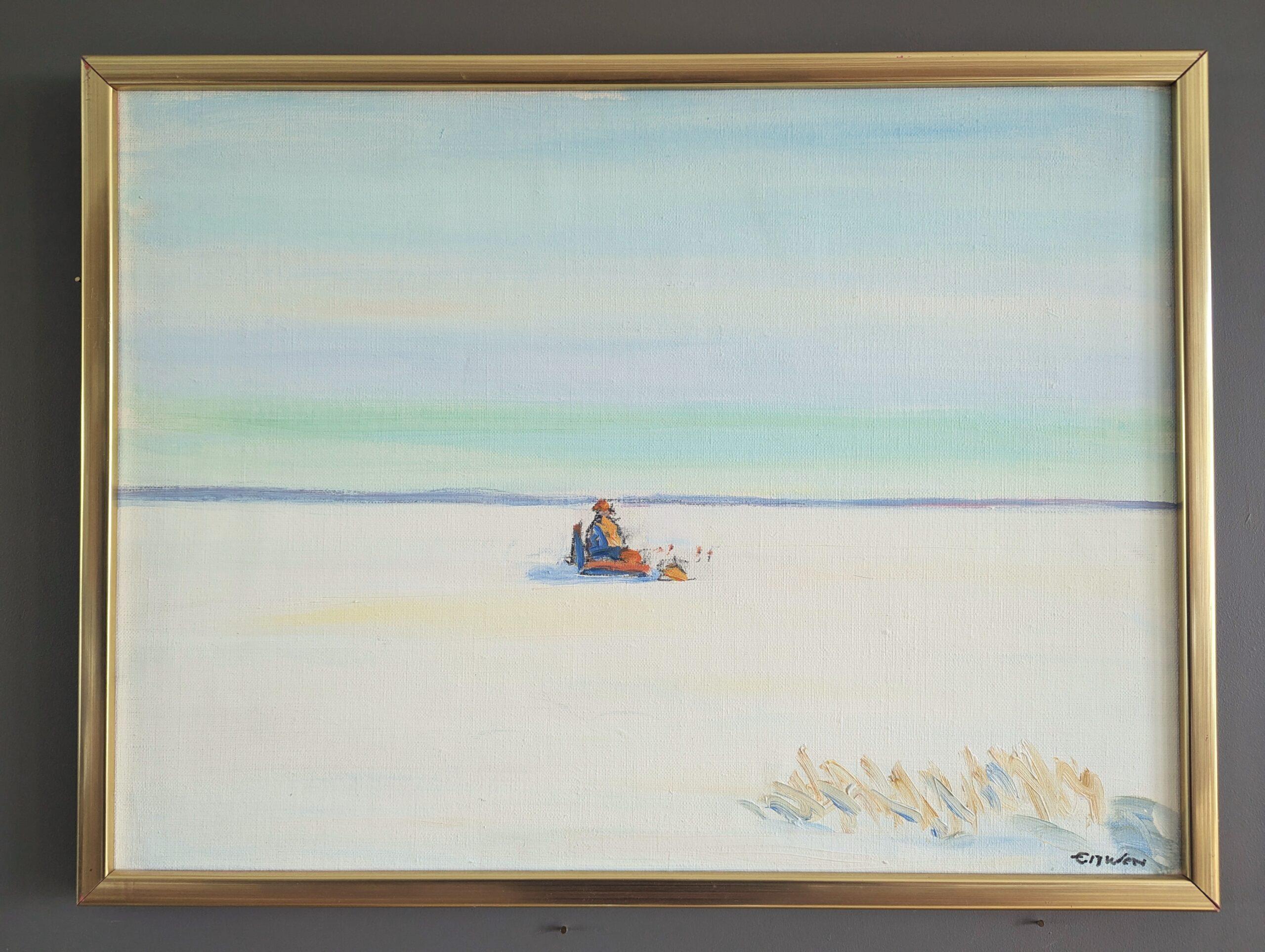 Paisaje minimalista al óleo de mediados del siglo XX - Pesca en el hielo - Painting de Eric Elfvén