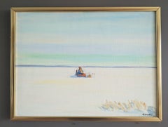 Mid Century Modern Minimalist Vintage Landscape Oil Painting - Ice Fishing