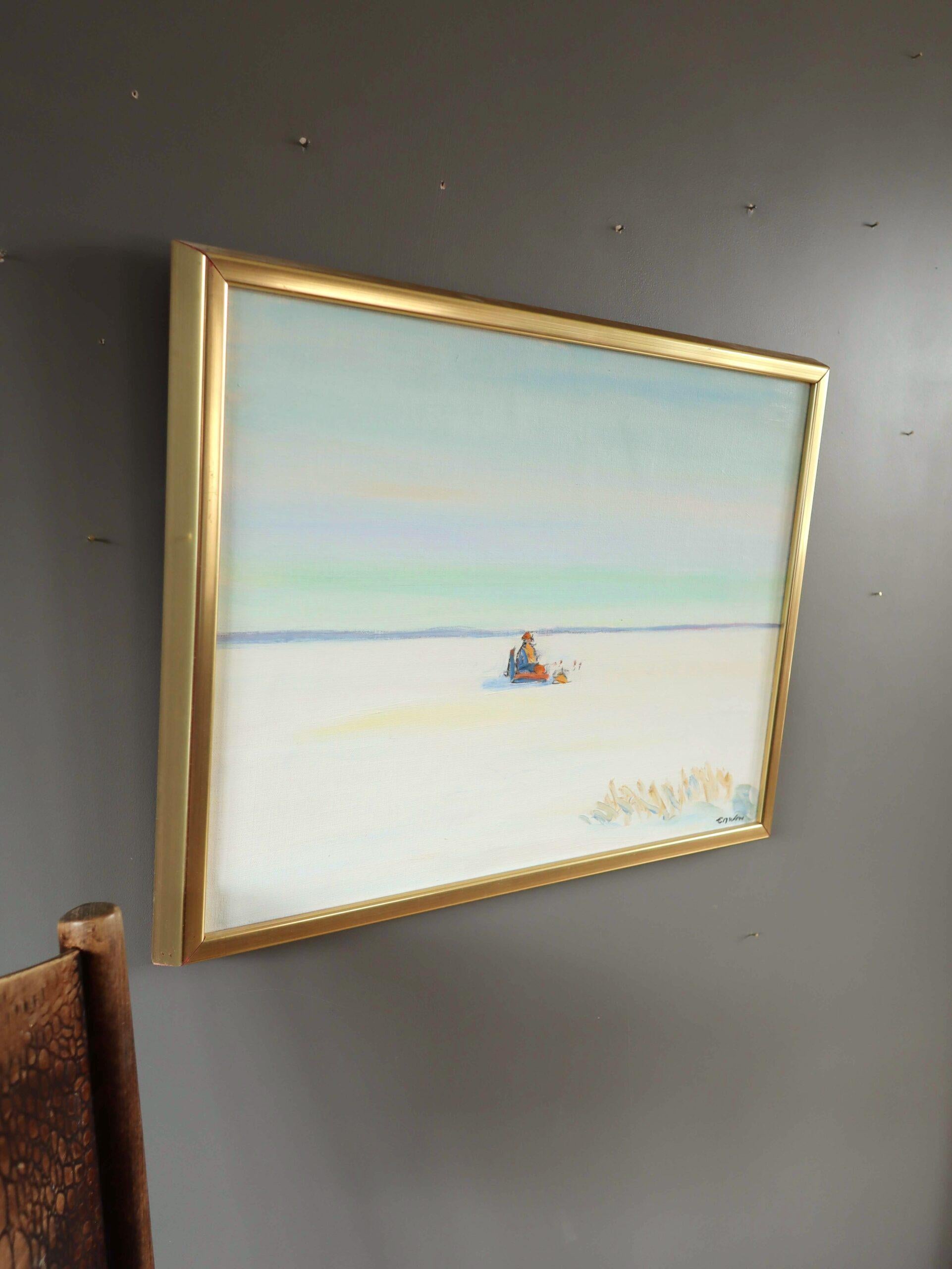Paisaje minimalista al óleo de mediados del siglo XX - Pesca en el hielo - Landscape Painting Gris de Eric Elfvén