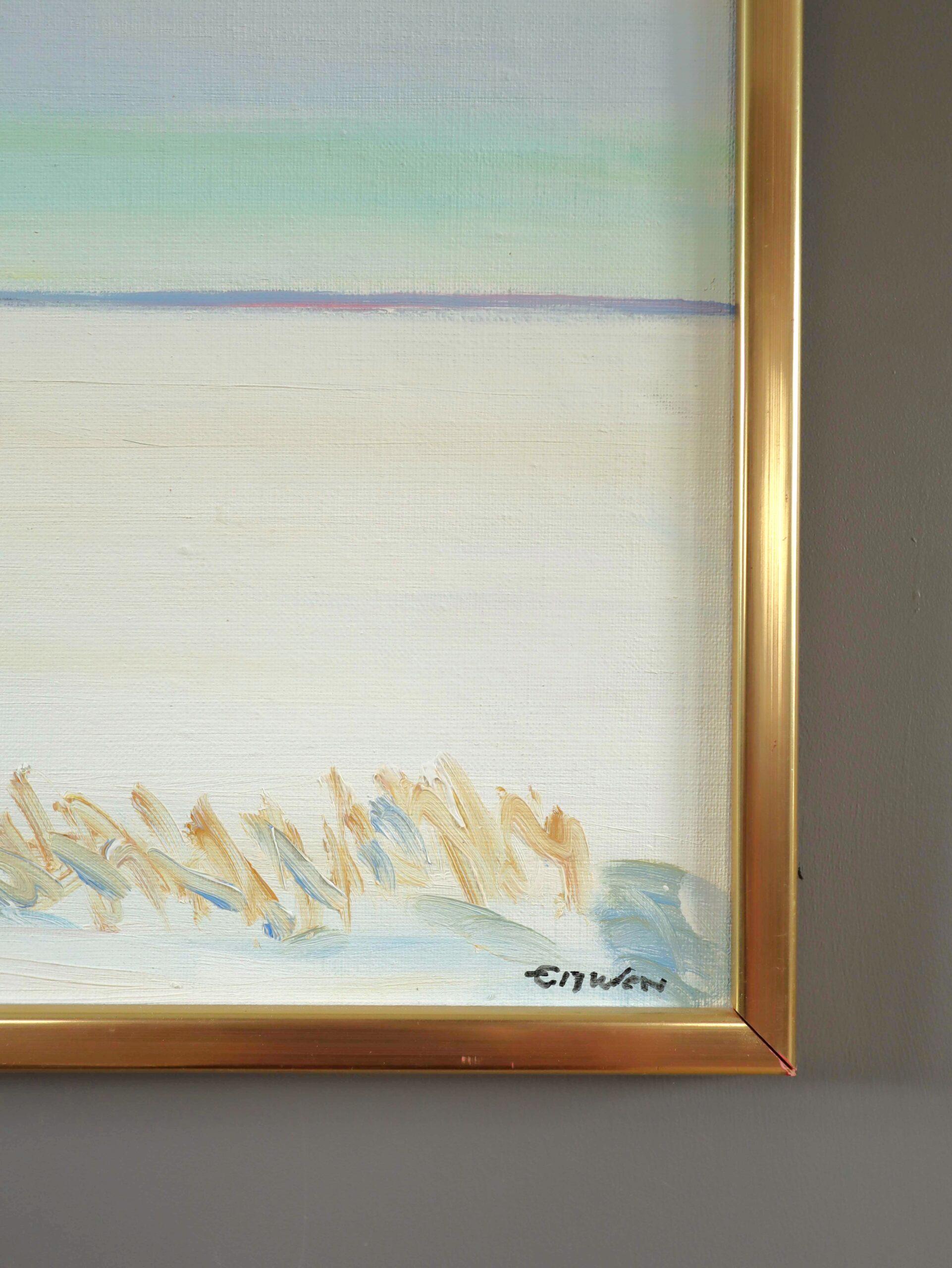 Paisaje minimalista al óleo de mediados del siglo XX - Pesca en el hielo en venta 2