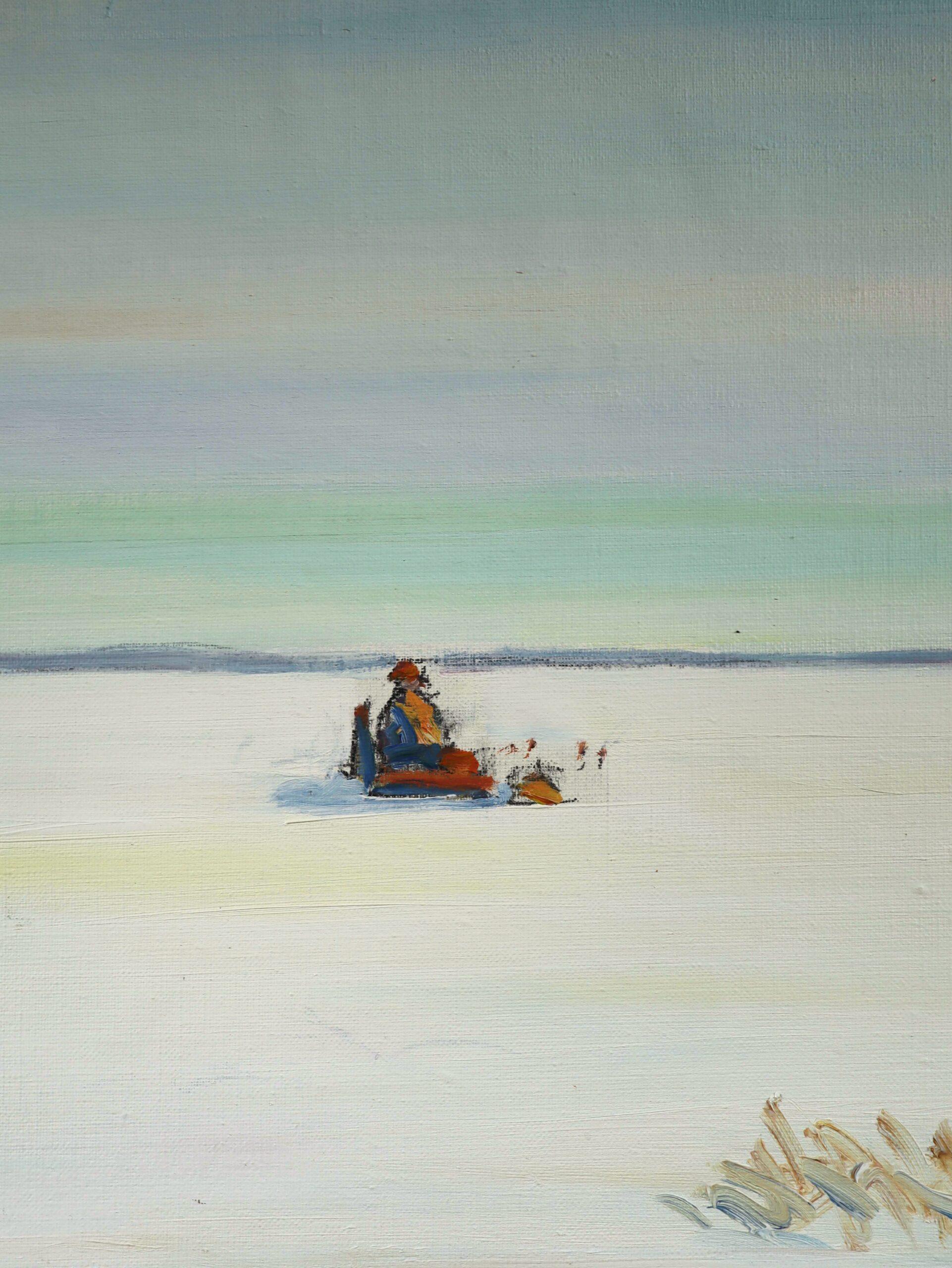 Paisaje minimalista al óleo de mediados del siglo XX - Pesca en el hielo en venta 3