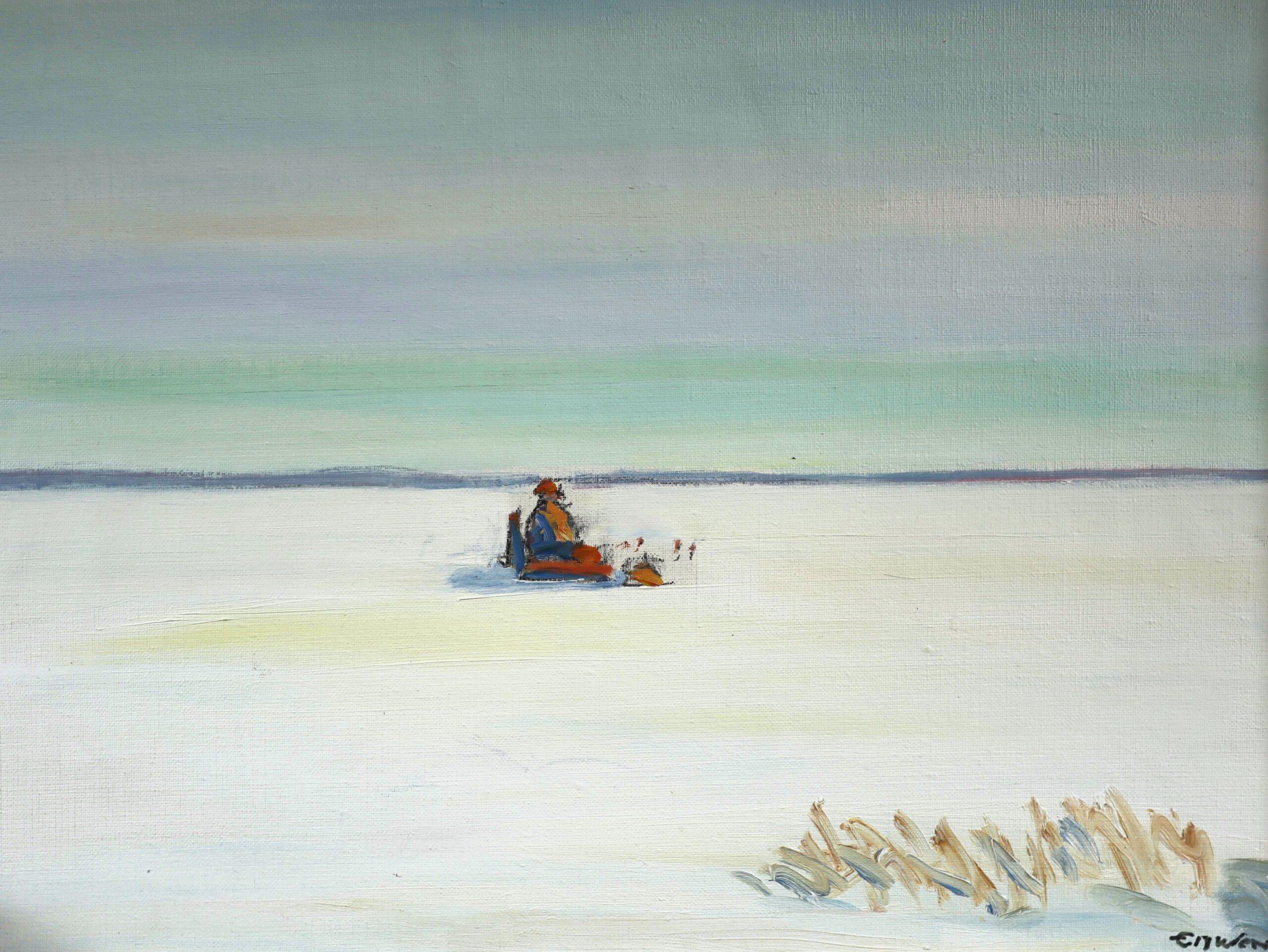 Paisaje minimalista al óleo de mediados del siglo XX - Pesca en el hielo en venta 4