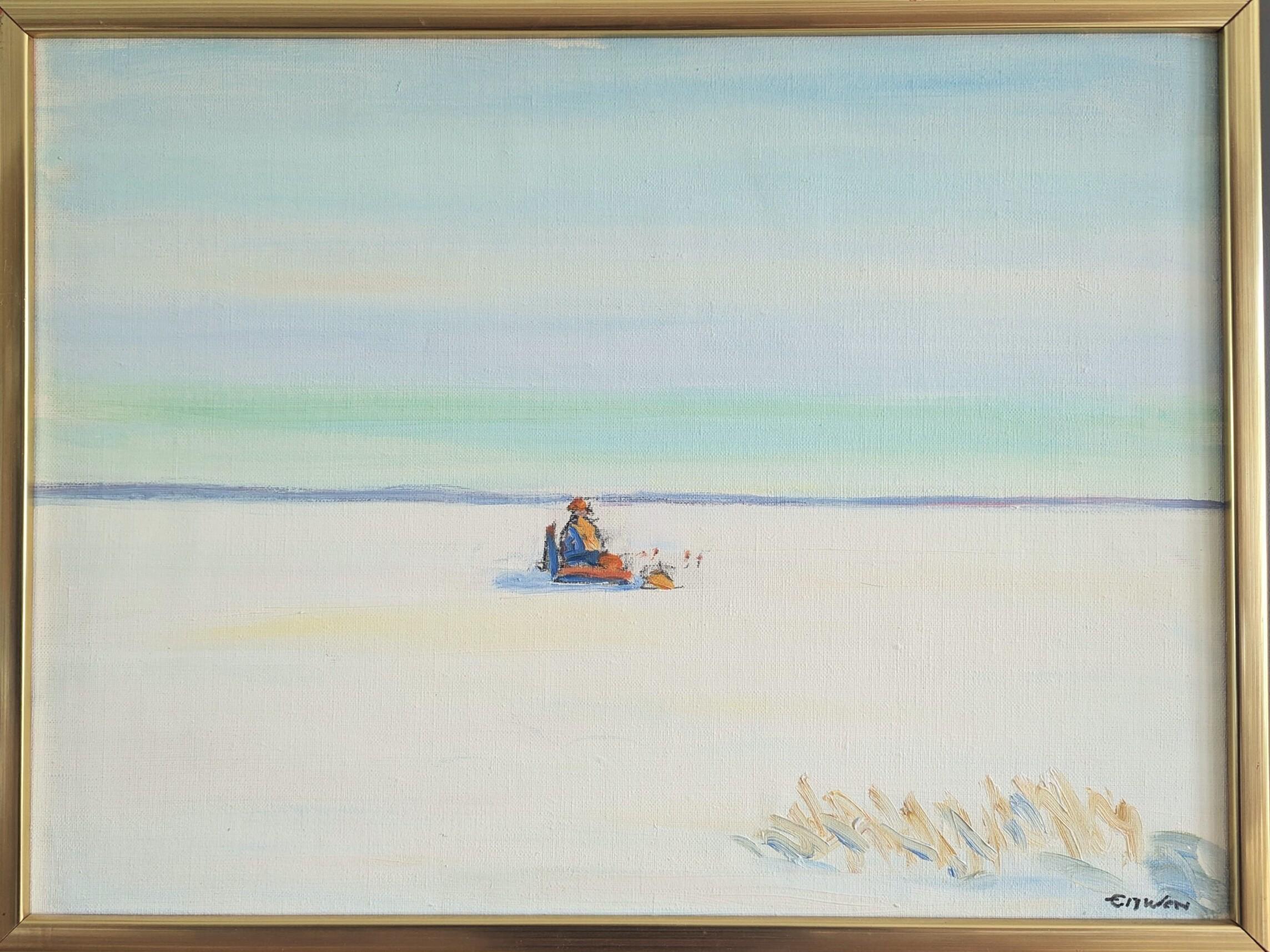 Paisaje minimalista al óleo de mediados del siglo XX - Pesca en el hielo