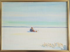 Paisaje minimalista al óleo de mediados del siglo XX - Pesca en el hielo