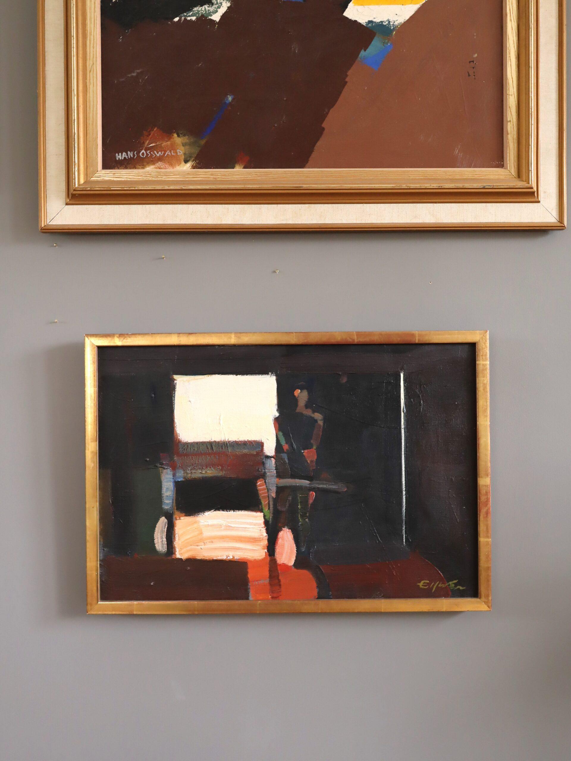 FIGURE IN A CARRIAGE 
Size: 36.5 x 52.5 cm (including frame)
Oil on canvas

An evocative semi-abstract mid-century modernist figurative painting executed in oil onto canvas by Swedish artist Eric Elfvén (1921–2008), whose works have been exhibited
