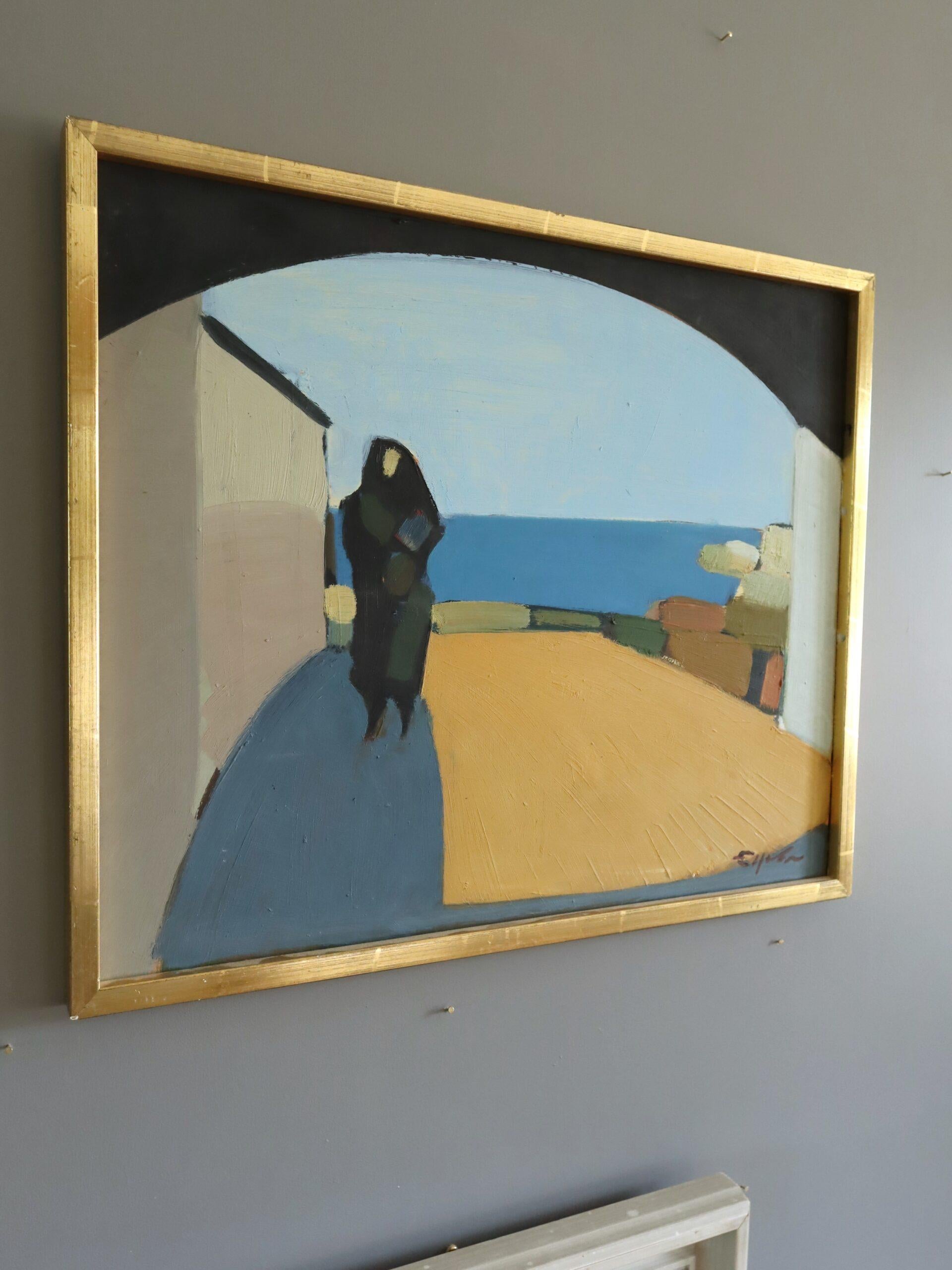 Peinture à l'huile suédoise moderne du milieu du siècle dernier - paysage côtier - Passage de bord de mer - Beige Landscape Painting par Eric Elfvén