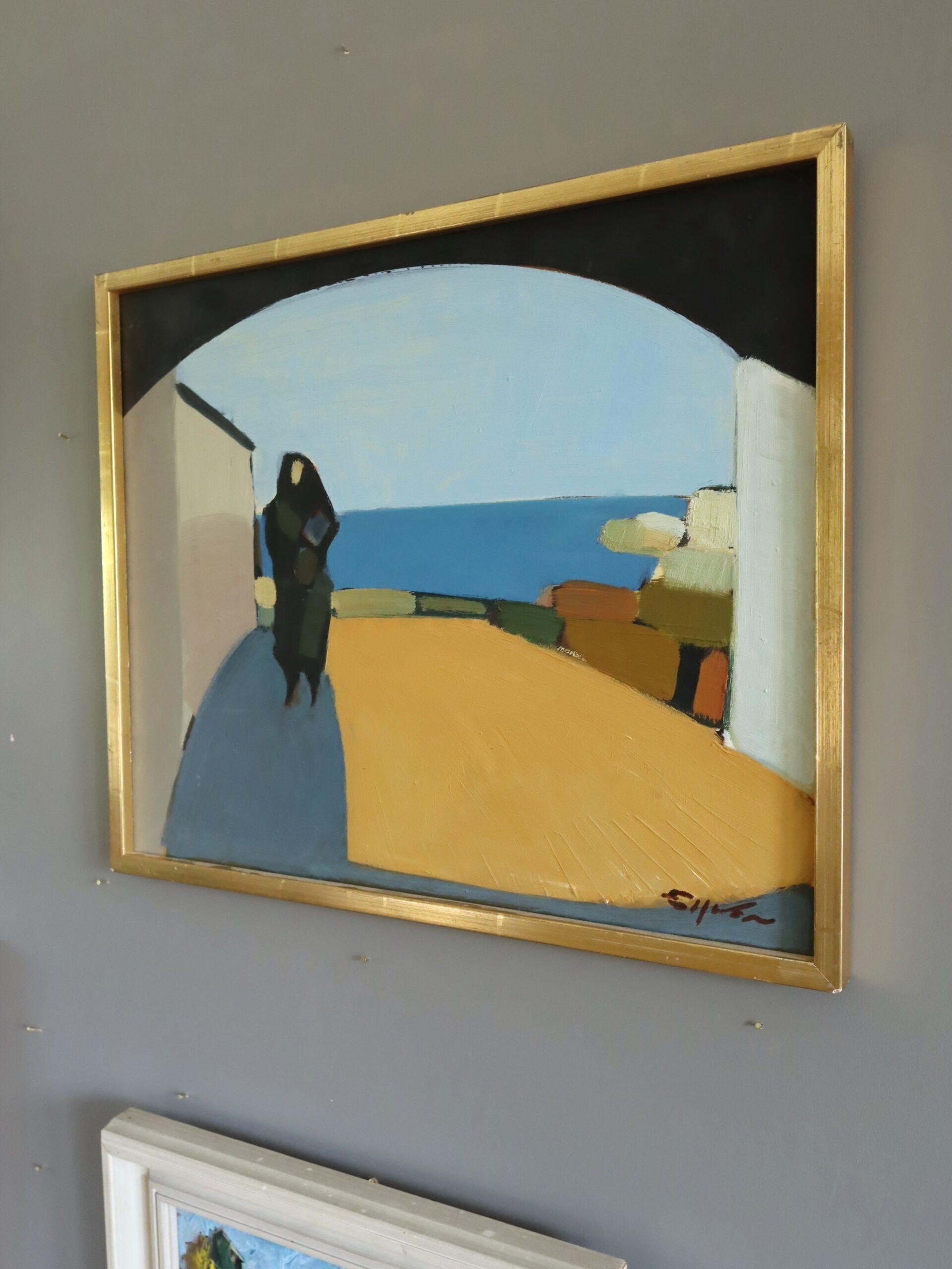 PASSAGE EN BORD DE MER
Taille : 40 x 48 cm (cadre compris)
Huile sur carton

Remarquable peinture à l'huile de style moderniste représentant un paysage côtier avec personnage, réalisée par l'artiste suédois Eric Elfvén (1921-2008), dont les œuvres