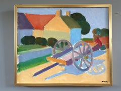 Mid Century Modern Swedish Lively Landscape Oil Painting - Sunlit Cart