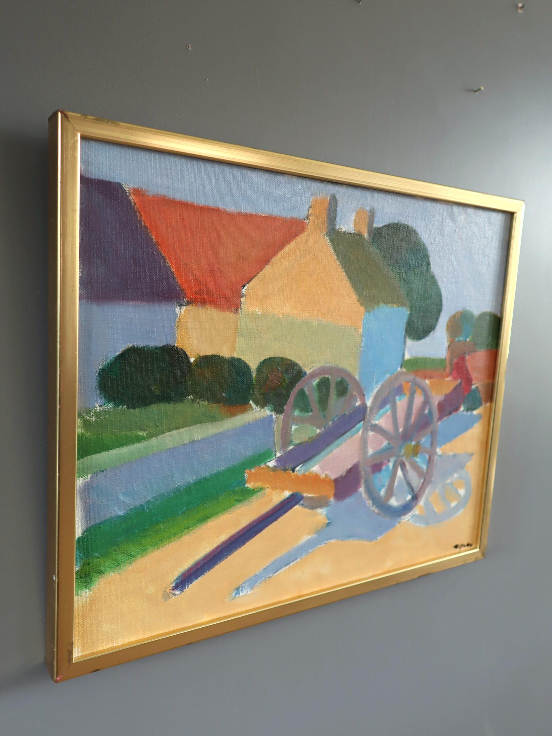 Peinture à l'huile suédoise du milieu du siècle dernier représentant un paysage animé - Sunlit Cart - Marron Landscape Painting par Eric Elfvén