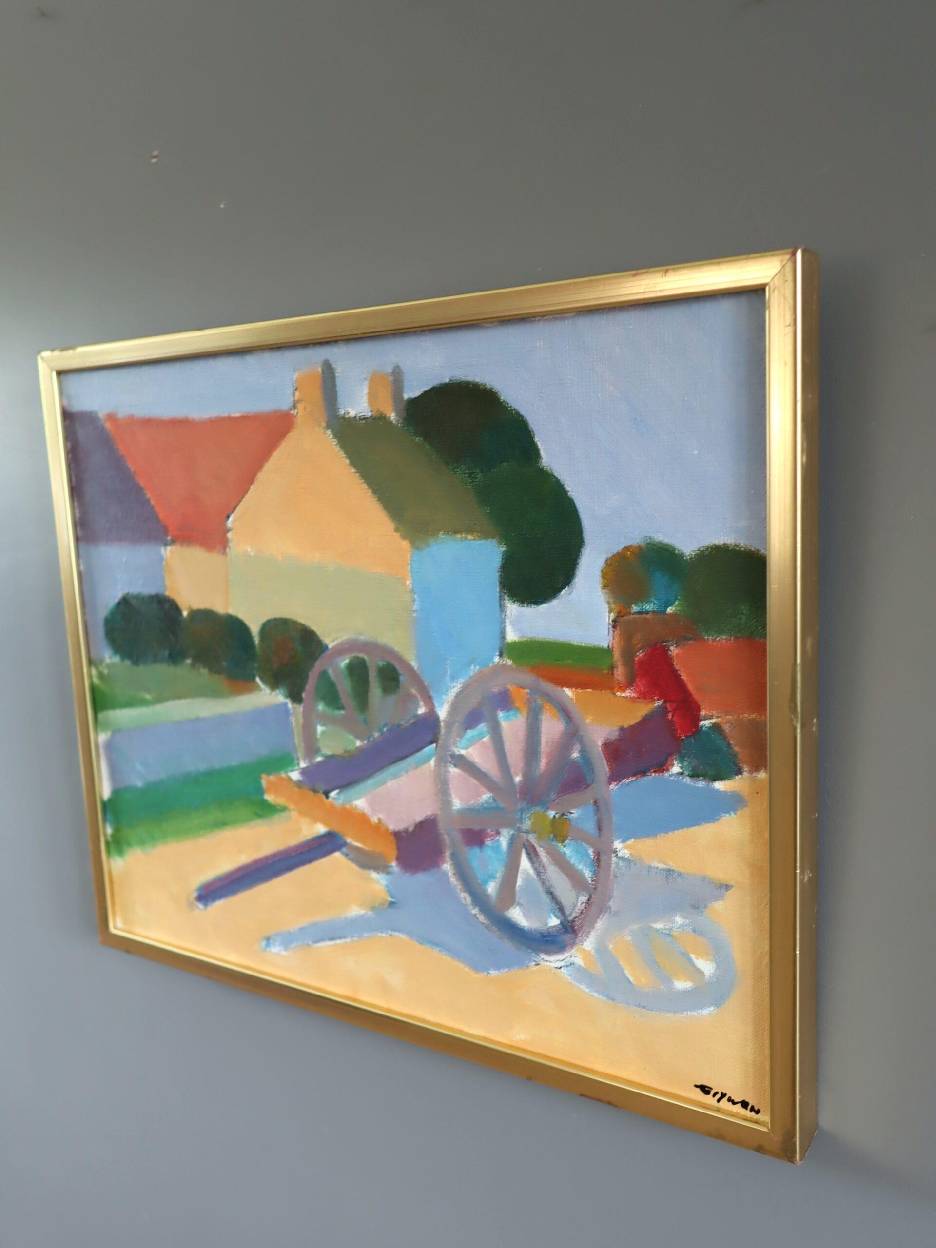 CHARIOT SUNLIT
Dimensions : 37,5 x 44,5 cm (cadre compris)
Huile sur carton

Cette peinture à l'huile de style moderniste du milieu du siècle est une œuvre vivante de l'artiste suédois Eric Elfvén (1921-2008), dont les œuvres ont été exposées dans