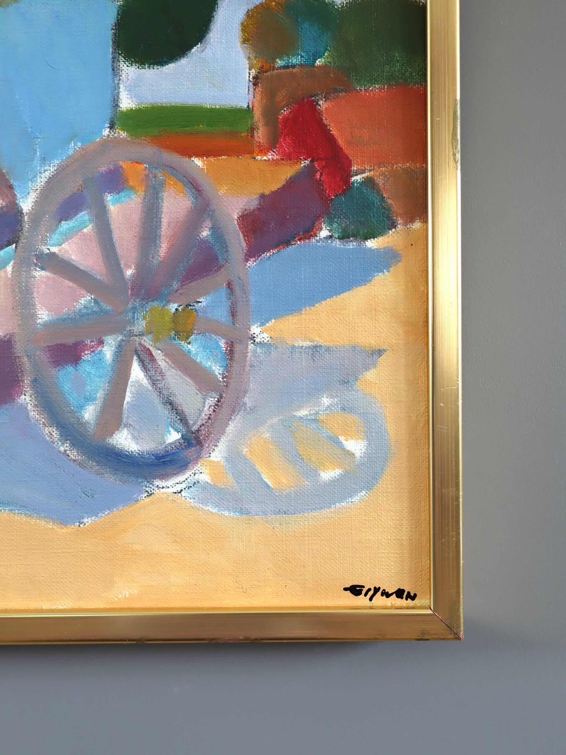 Peinture à l'huile suédoise du milieu du siècle dernier représentant un paysage animé - Sunlit Cart en vente 2