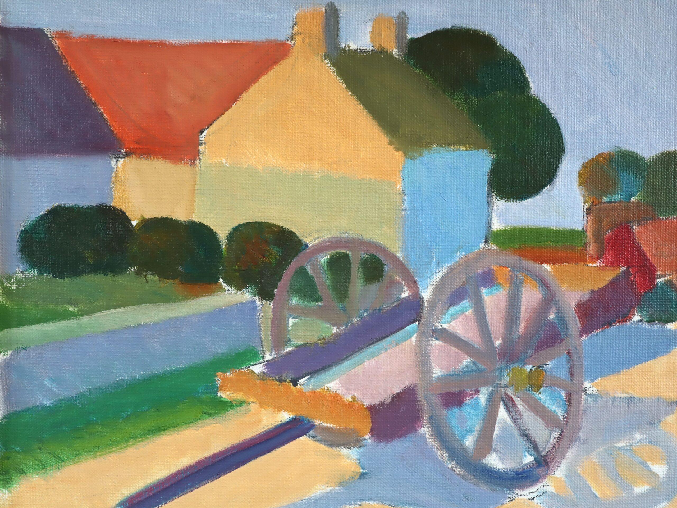 Peinture à l'huile suédoise du milieu du siècle dernier représentant un paysage animé - Sunlit Cart en vente 3
