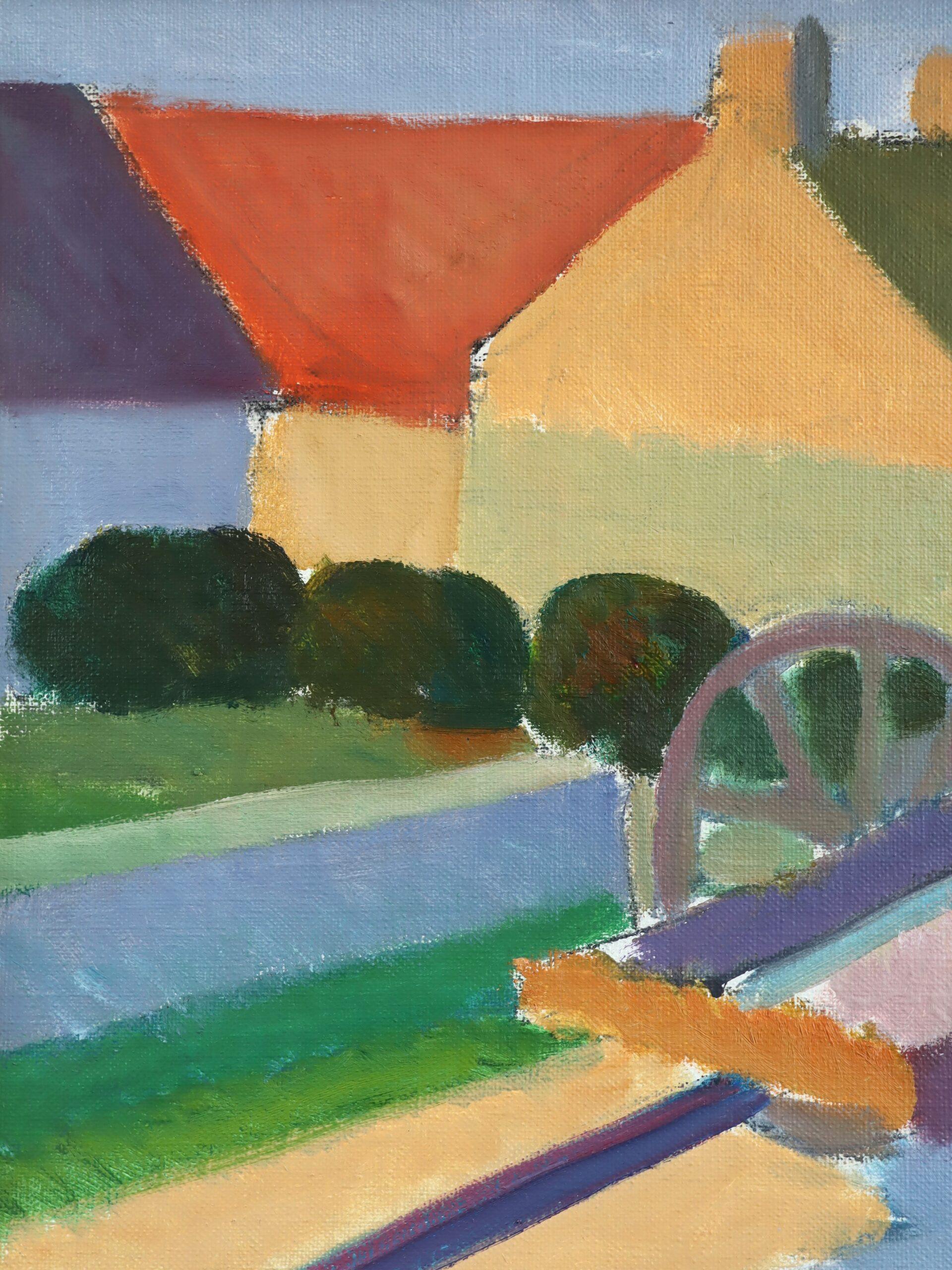 Peinture à l'huile suédoise du milieu du siècle dernier représentant un paysage animé - Sunlit Cart en vente 4