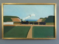 Mid Century Modern Swedish Original Landscape Oil Painting - The Steam Train