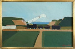 Mid Century Modern Swedish Original Landscape Oil Painting - The Steam Train