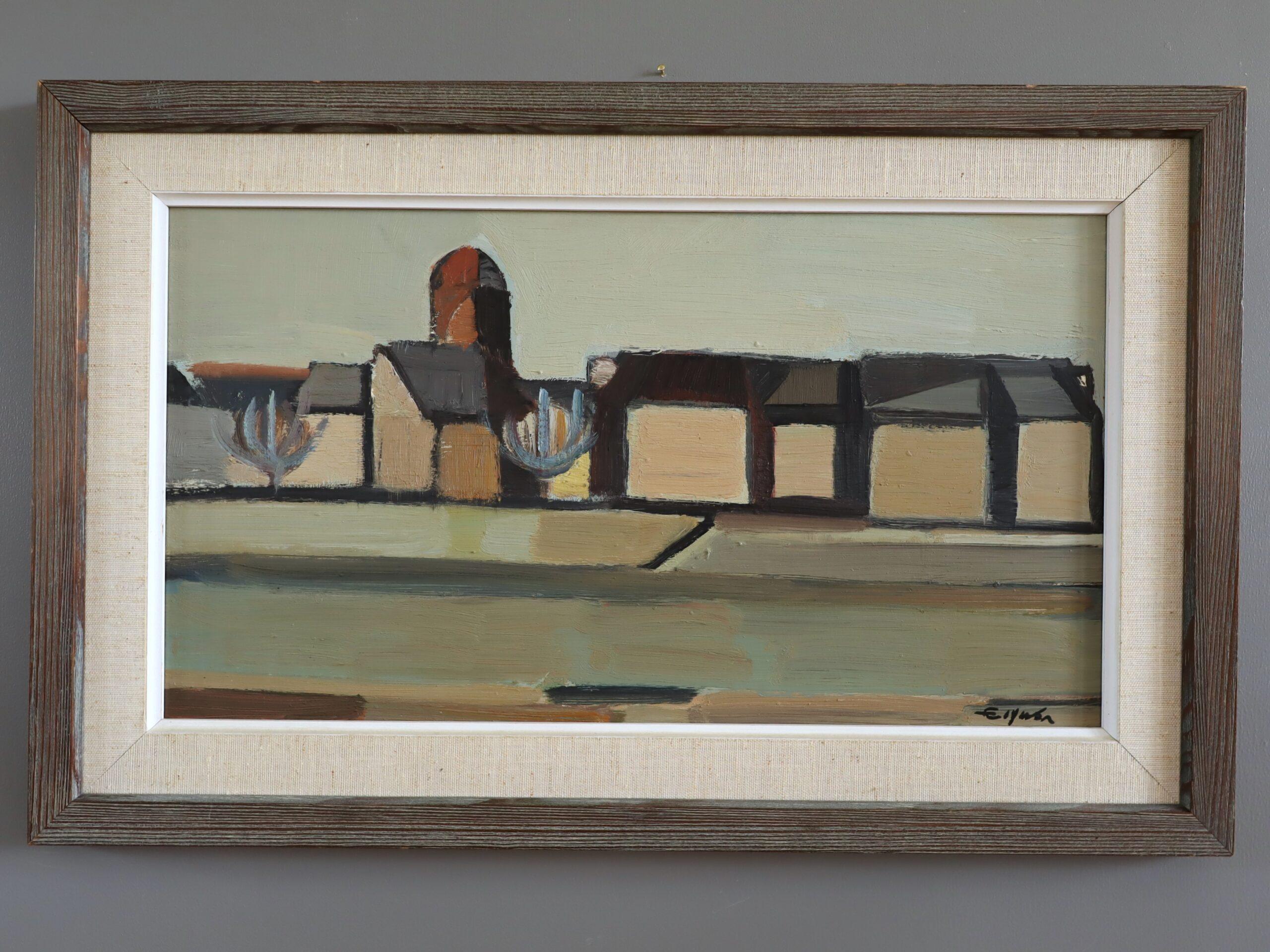 Peinture à l'huile suédoise semi-abstraite de paysage du milieu du siècle dernier - Géométrie du désert en vente 5