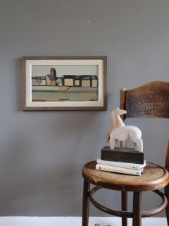 Mid Century Modern Swedish Semi-Abstract Landscape Oil Painting -Desert Geometry