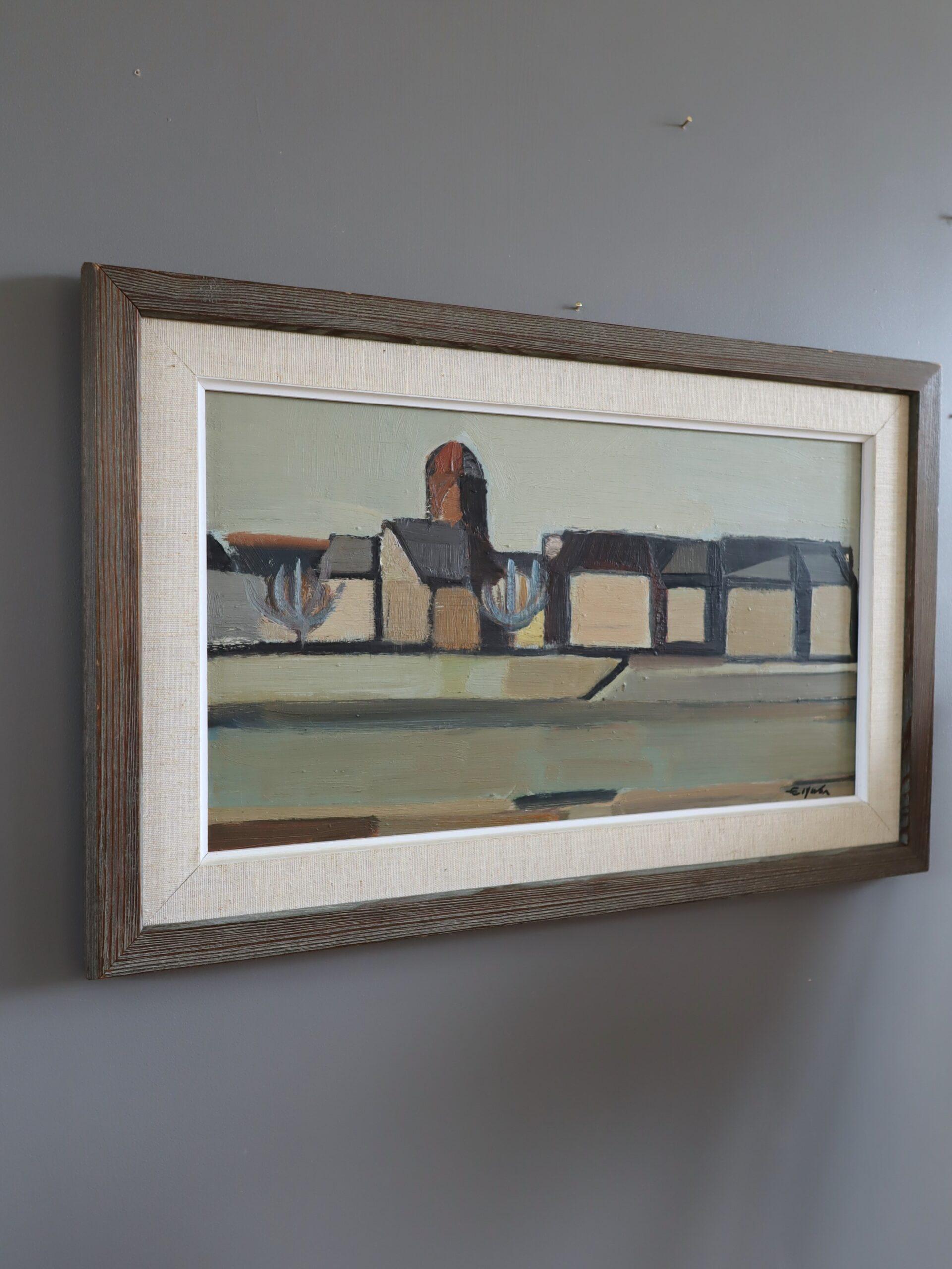Peinture à l'huile suédoise semi-abstraite de paysage du milieu du siècle dernier - Géométrie du désert - Moderne Painting par Eric Elfvén