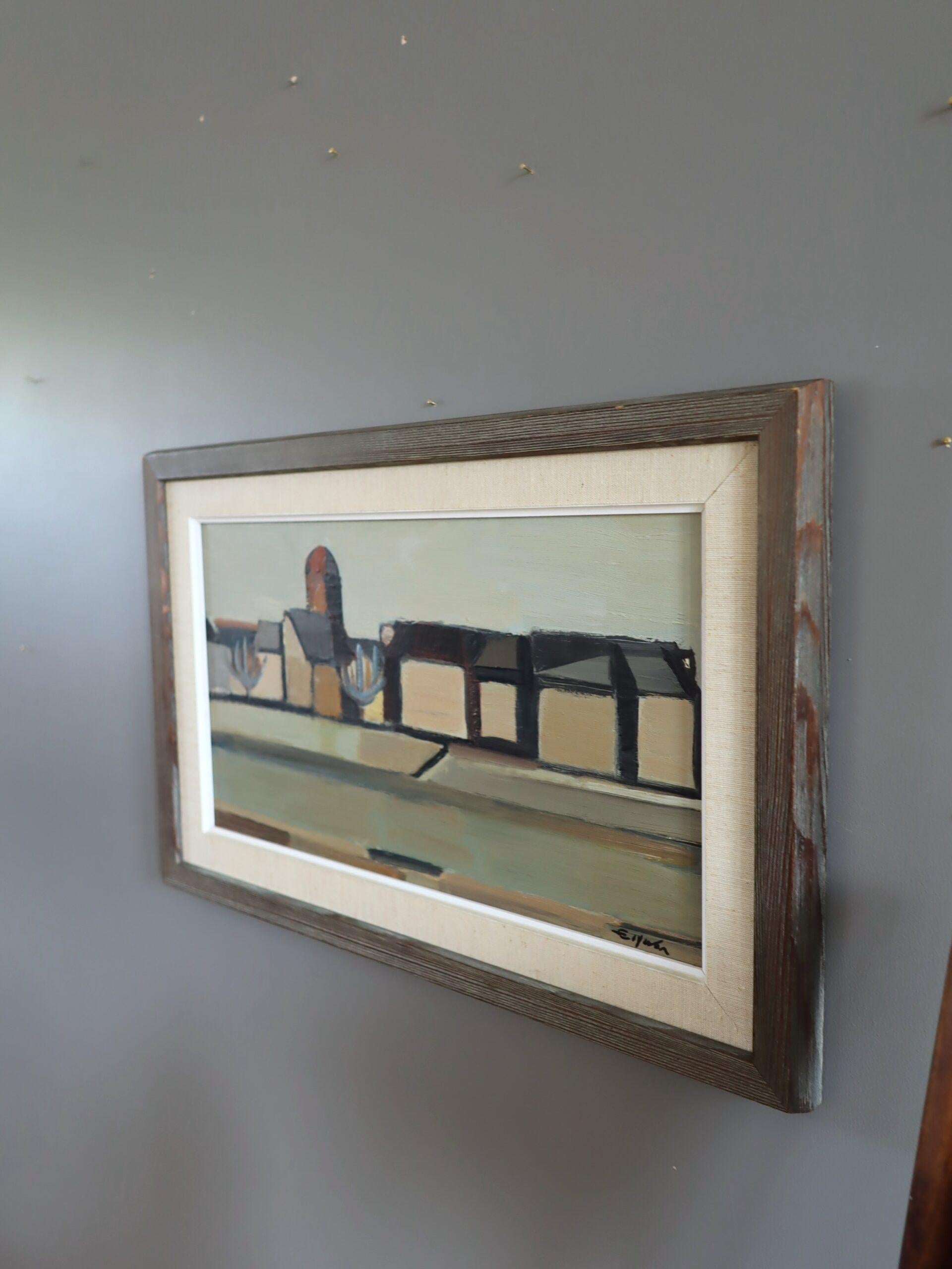 Peinture à l'huile suédoise semi-abstraite de paysage du milieu du siècle dernier - Géométrie du désert - Gris Landscape Painting par Eric Elfvén