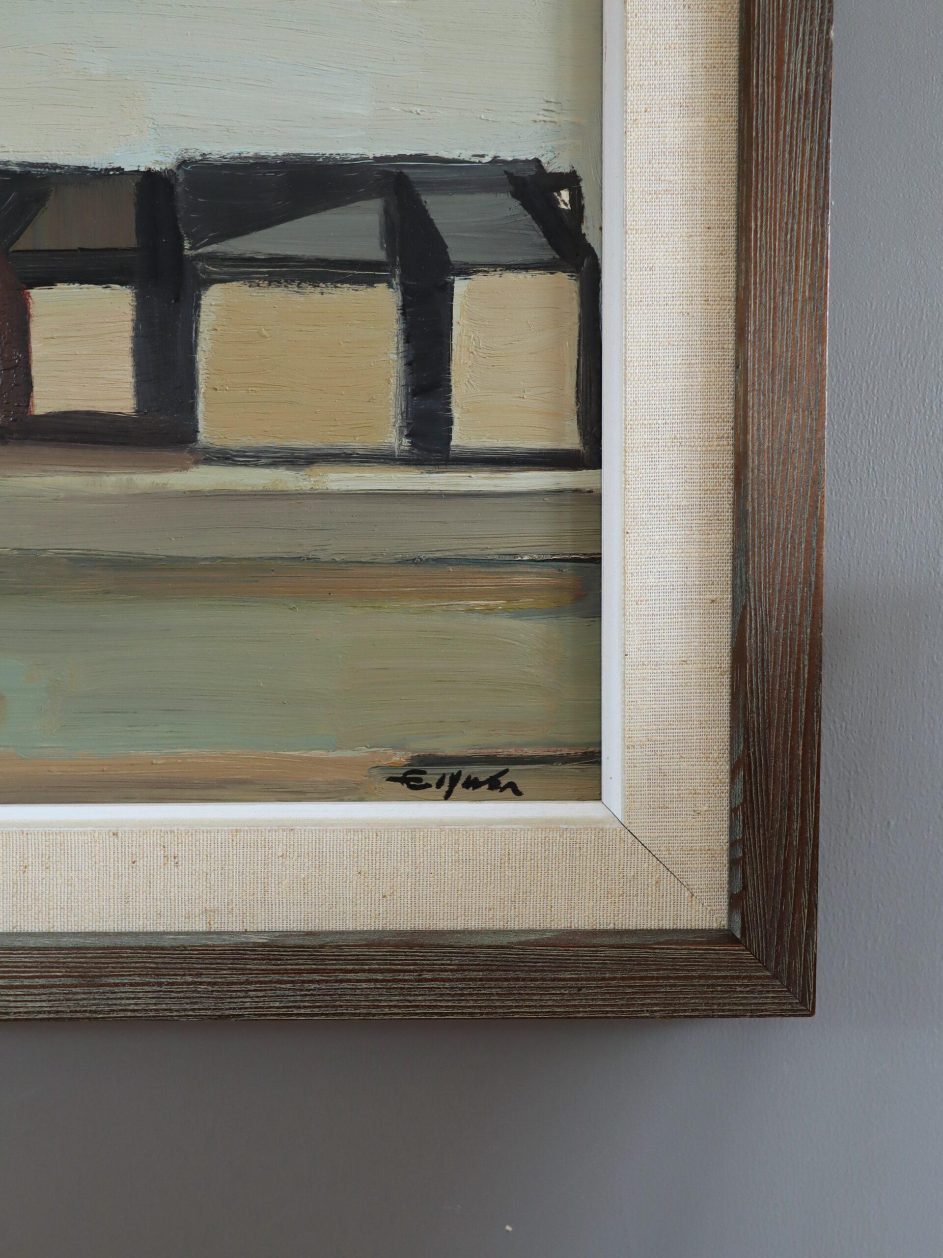 Peinture à l'huile suédoise semi-abstraite de paysage du milieu du siècle dernier - Géométrie du désert en vente 1