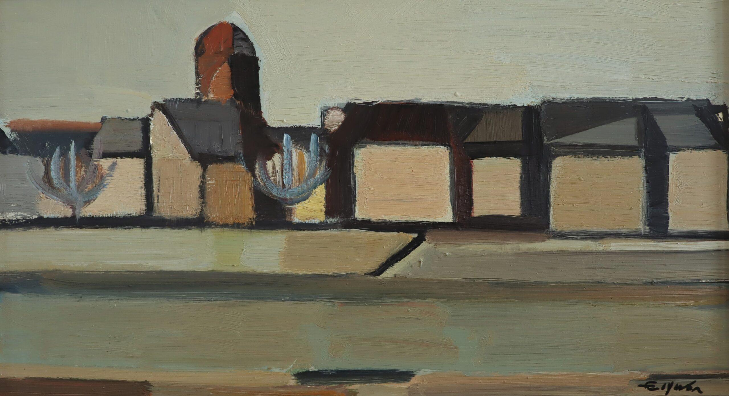 Peinture à l'huile suédoise semi-abstraite de paysage du milieu du siècle dernier - Géométrie du désert en vente 2