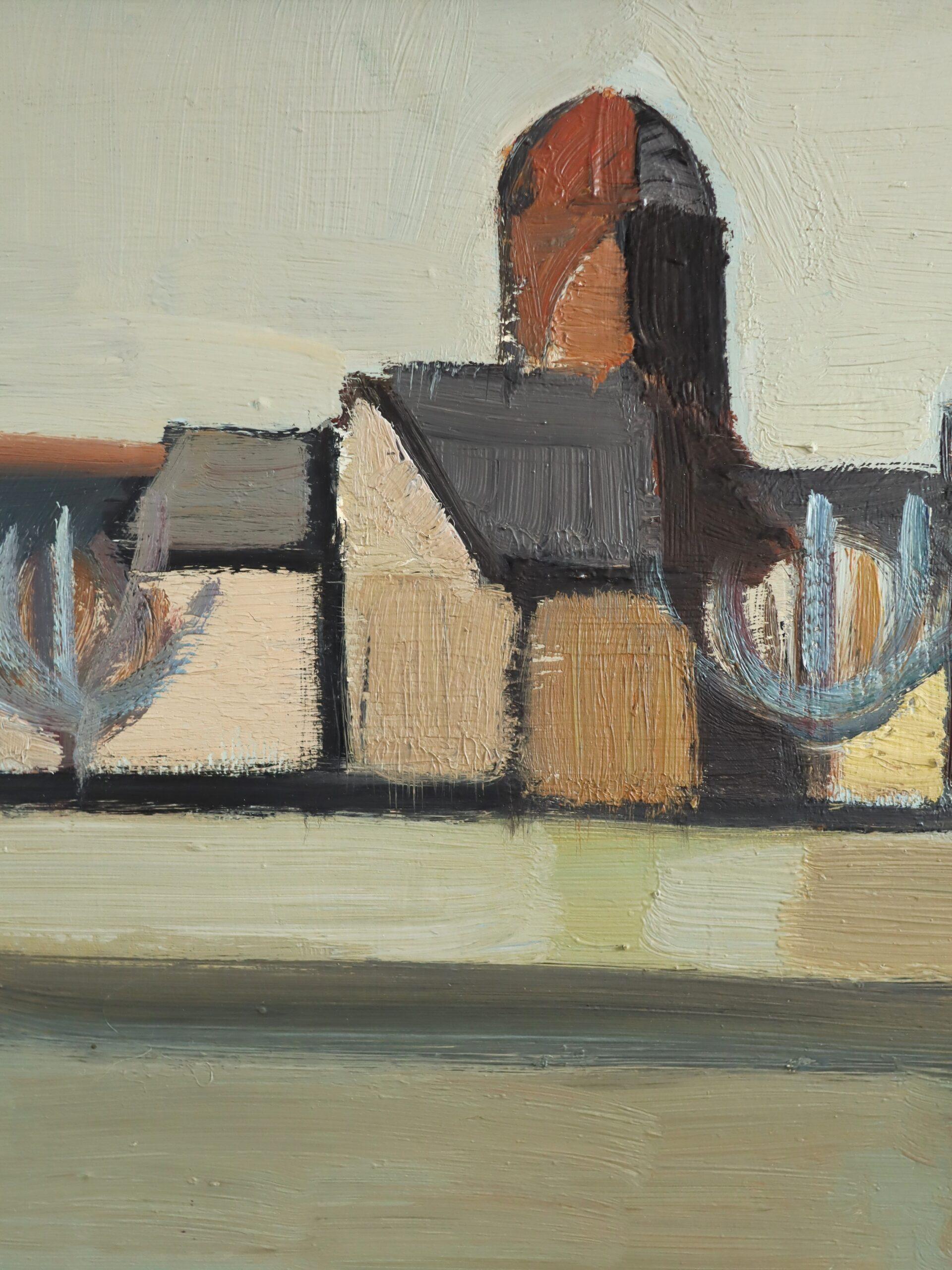Peinture à l'huile suédoise semi-abstraite de paysage du milieu du siècle dernier - Géométrie du désert en vente 3