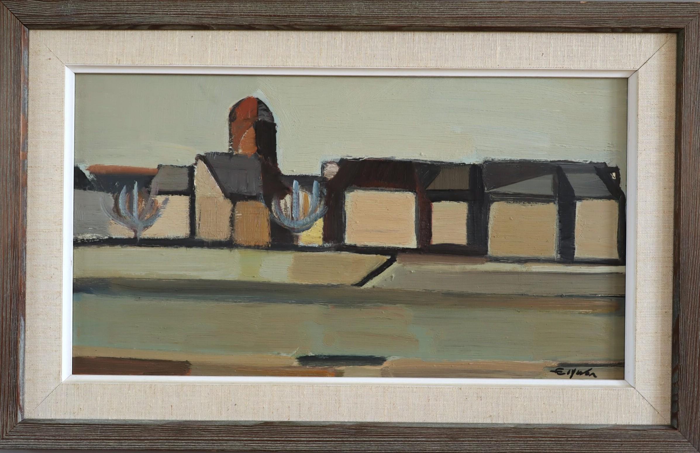 Mid Century Modern Swedish Semi-Abstract Landscape Oil Painting -Desert Geometry