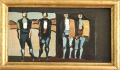 Peinture à l'huile suédoise semi-abstraite du milieu du siècle dernier - Figures dans une calèche