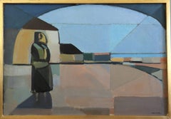 Mid Century Modern Vintage Abstract Cityscape Oil Painting - Beneath the Arch