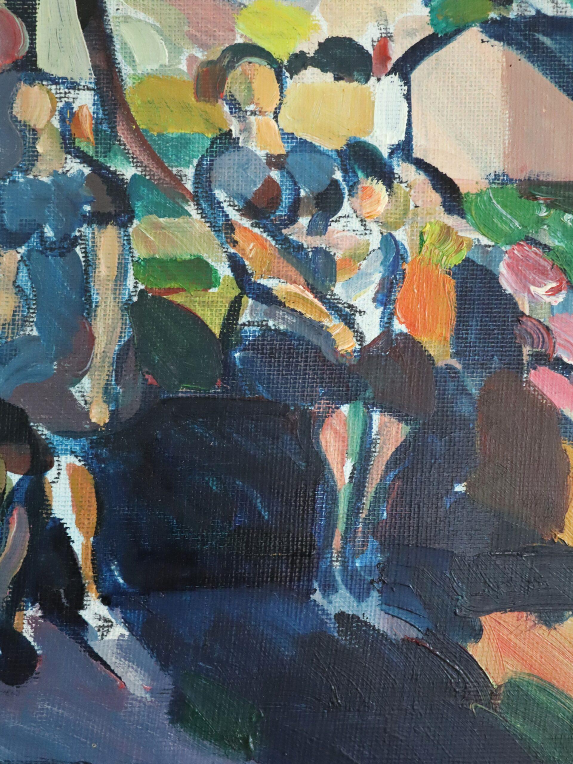 Mid Century Modern Vintage Mini Abstract Portrait Oil Painting -Garden Gathering For Sale 7