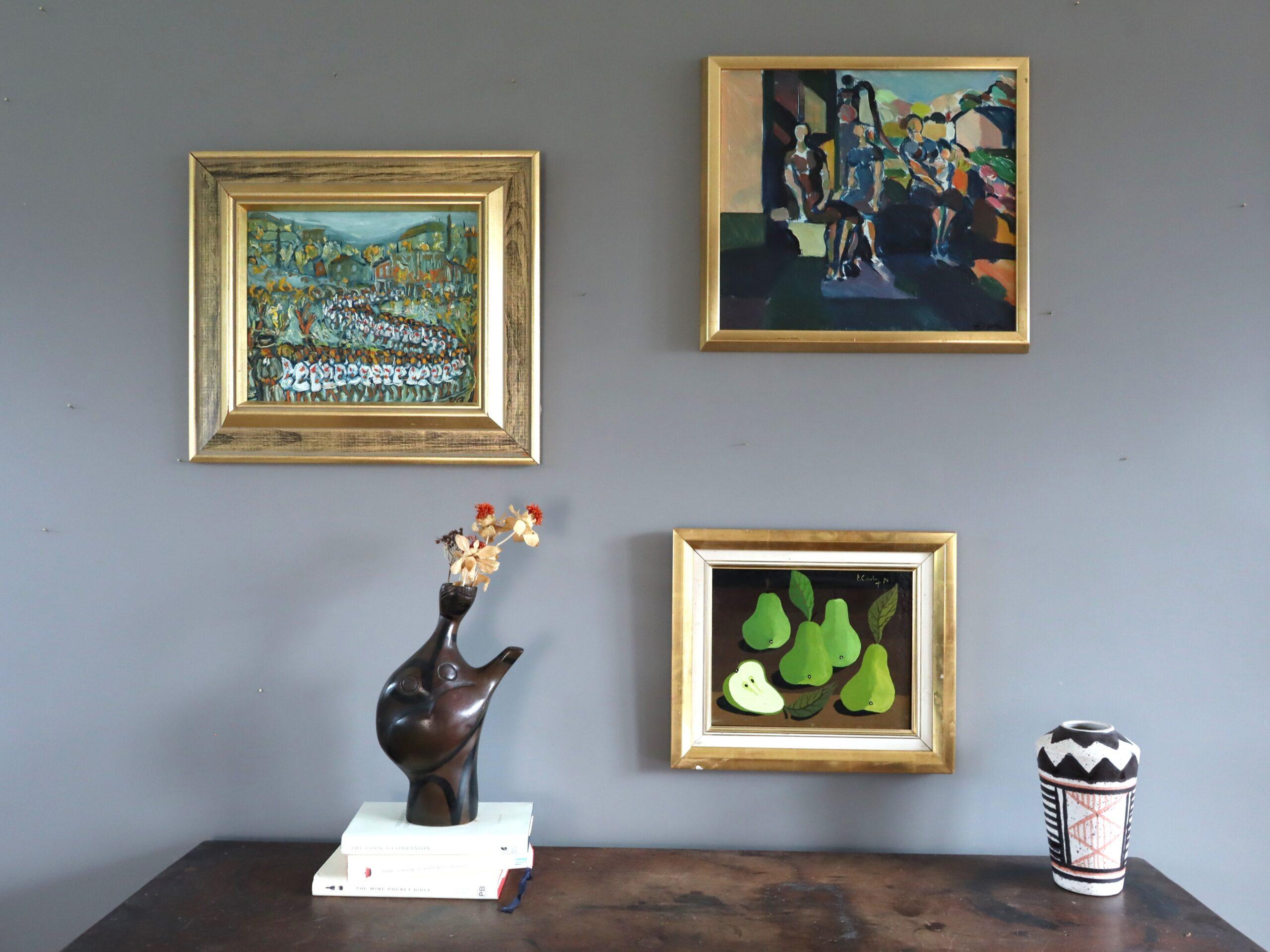 Mid Century Modern Vintage Mini Abstract Portrait Oil Painting -Garden Gathering For Sale 8